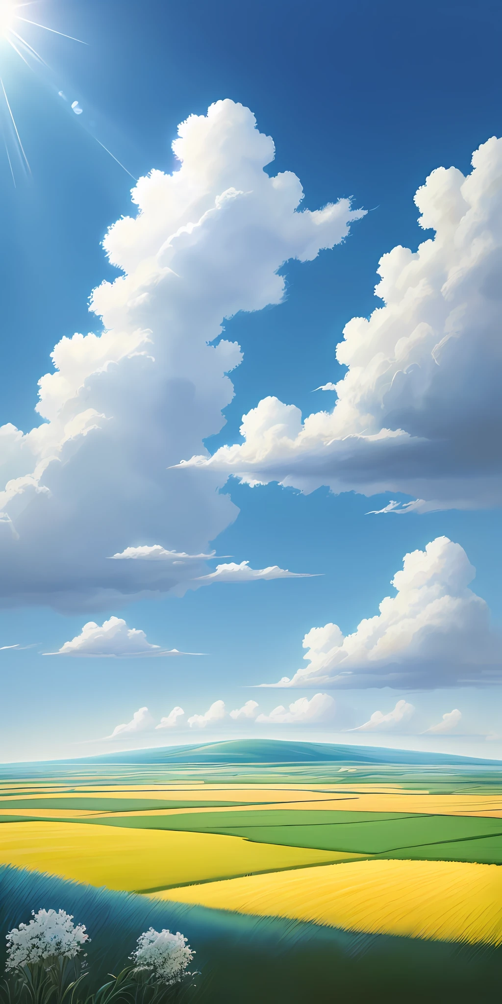 Realistic, real, beautiful, stunning sky oil painting Blue sky, white clouds, sun's rays spilling through the clouds to the ground, Studio Ghibli Miyazaki Hayao Grassland Blue sky Grassland --v6