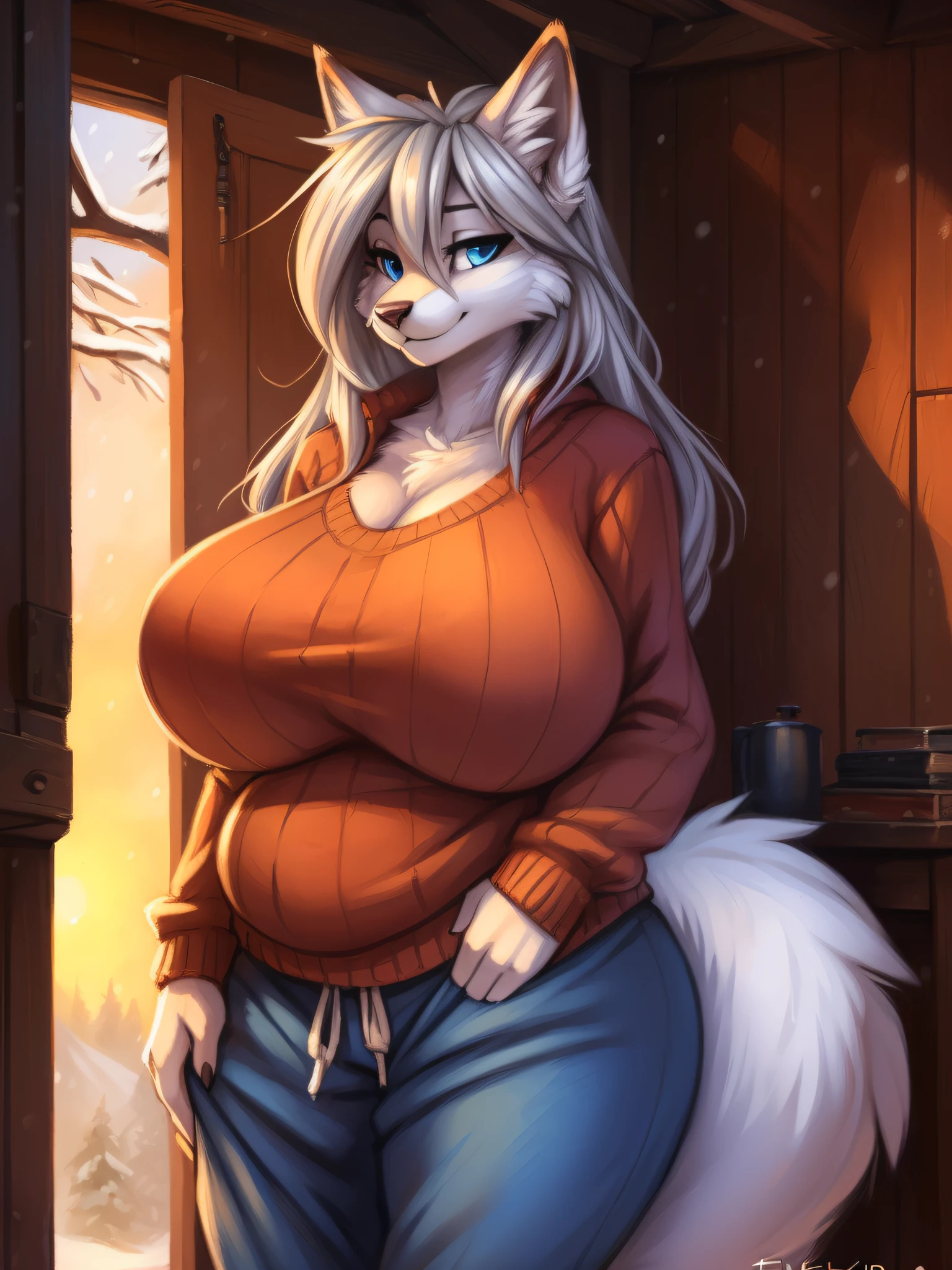 by fluff-kevlar, by Zackary911, by Kenket, by Kilinah, by fluff-kevlar, (masterpiece), (best quality), (anthro furry:1.3, snout:1.2, anthro:1.3, furry:1.2, solo female:1.2), (thick figure, motherly figure), (chubby), (huge thighs, thick thighs), (huge breasts, sagging breasts:1.2), loose clothing, pastel red sweater, loose sweatpants, (relaxed expression, perfect posture), house background, long hair, grey hair, snow fox, blue eyes,