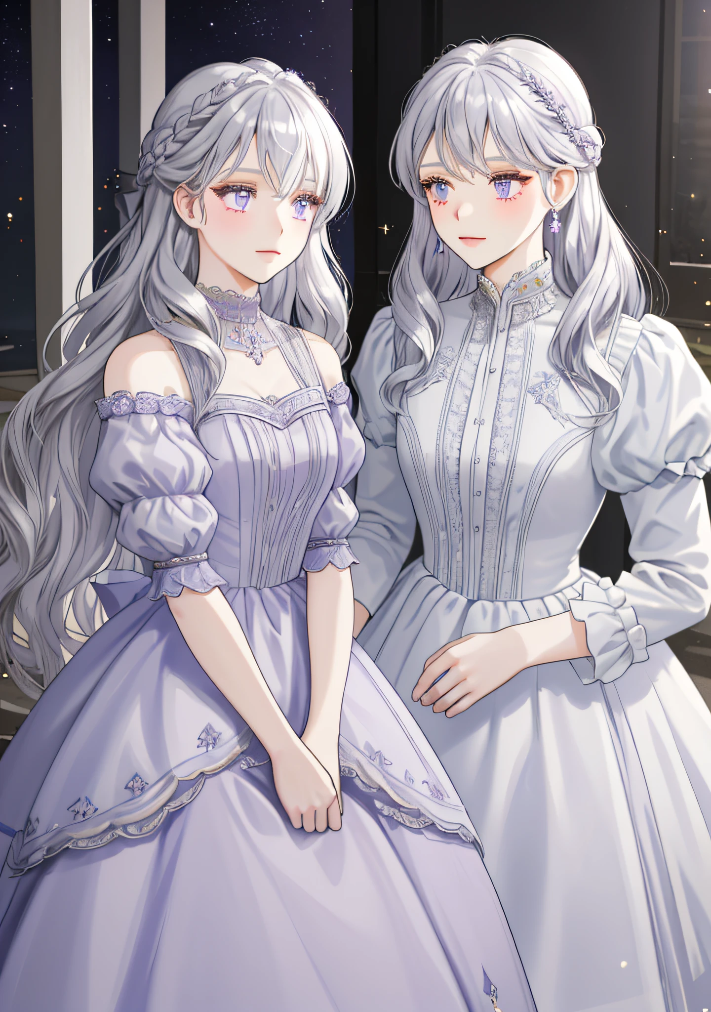 Close-up of a person holding an ice cream cone, sweet girl, wavy silver-haired woman, girl wearing a lilac evening dress, bangs, light purple eyes, gentle lilac dress, pure girl, behind the girl stands a ager with a faint smile, girl and teen, teenagerring this black suit, handsome, capable