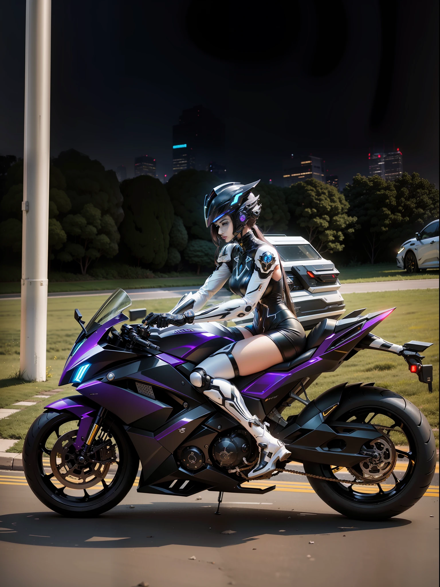 Cyber Sailor and Cyber Mechanical Motorcycle, Full Body Exquisite High-Tech Armor, Exquisite Black Tech Helmet, Nousr, Biomechanics, MSHN Robot Woman, High-Tech Helmet, Surreal, Steel, Intricate Design, Crazy Details, Fine Details, Extremely Clear Lines, Cinematic Lighting, Photo Realisticity, Detailed Masterpiece