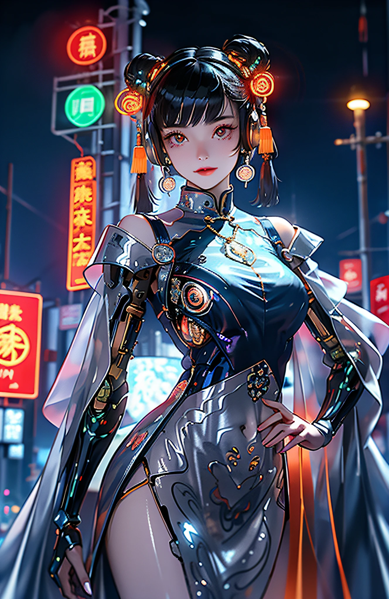 1 girl, Chinese_clothes, liquid silver and orange, cyberhan, cheongsam, cyberpunk city, dynamic pose, detailed luminous headphones, glowing hair accessories, long hair, glowing earrings, glowing necklace, cyberpunk, high-tech city, full of mechanical and futuristic elements, futuristic, technology, glowing neon, orange, orange light, transparent tulle, transparent streamers, laser, digital background urban sky, big moon, with vehicles, best quality, masterpiece, 8K, character edge light, Super high detail, high quality, the most beautiful woman in human beings, micro smile, face facing front and left and right symmetry, ear decoration, beautiful pupils, light effects, visual data, silver white hair, super detail facial texture