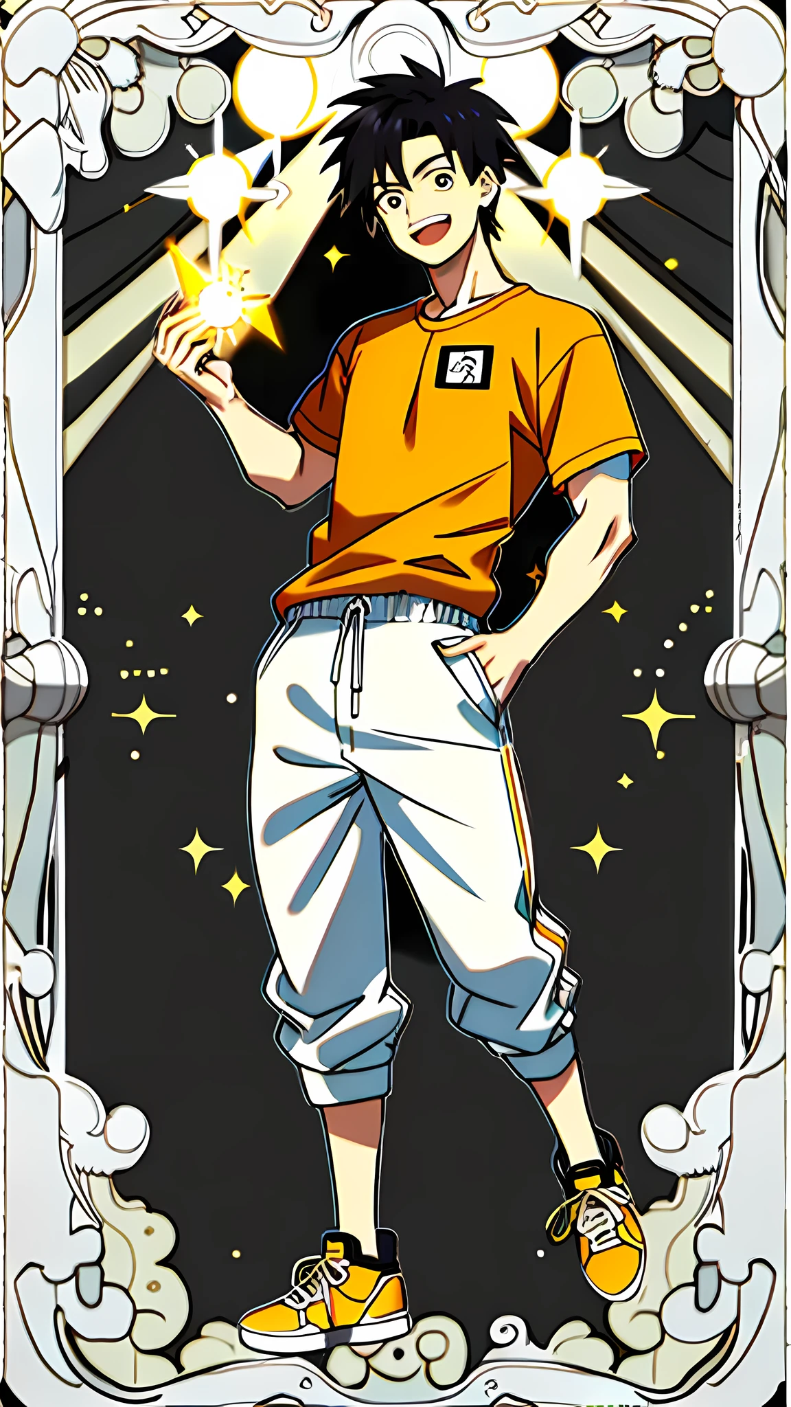 masterpiece, best quality, full body, card, 1 man, the sun, happy, laugh, short hair, black hair, standing, white, light,  yellow, orange, black,  buzz cut, bara, street style, white t-shirt, sport, center, young man, looking at viewer, holding nothing, dancer, street, electric, hiphop, naruto hair,