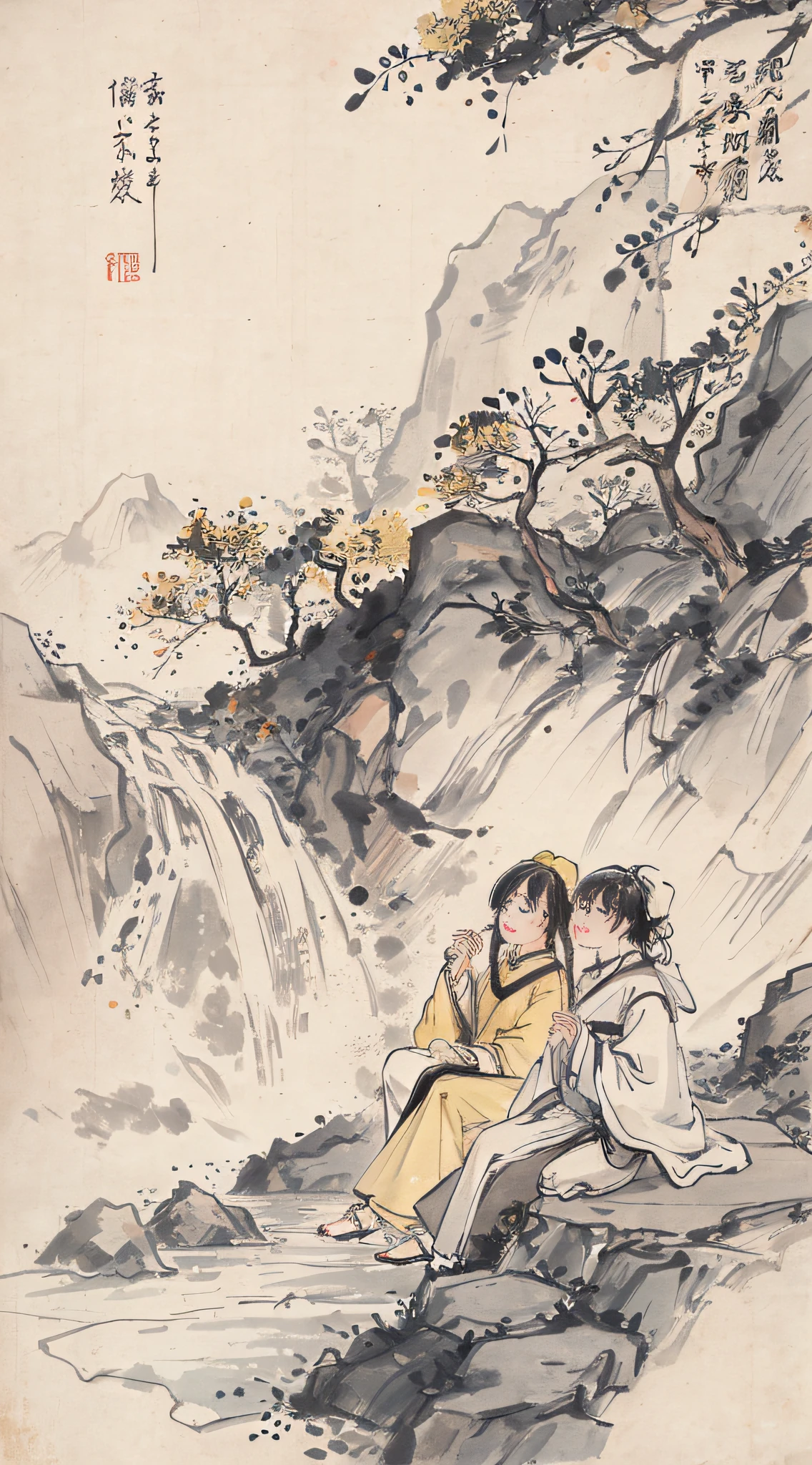 (Masterpiece, best quality: 1.2), traditional Chinese ink painting, large waterfall between mountains, rough waves, Yellow River, two people talking one sitting and one person standing