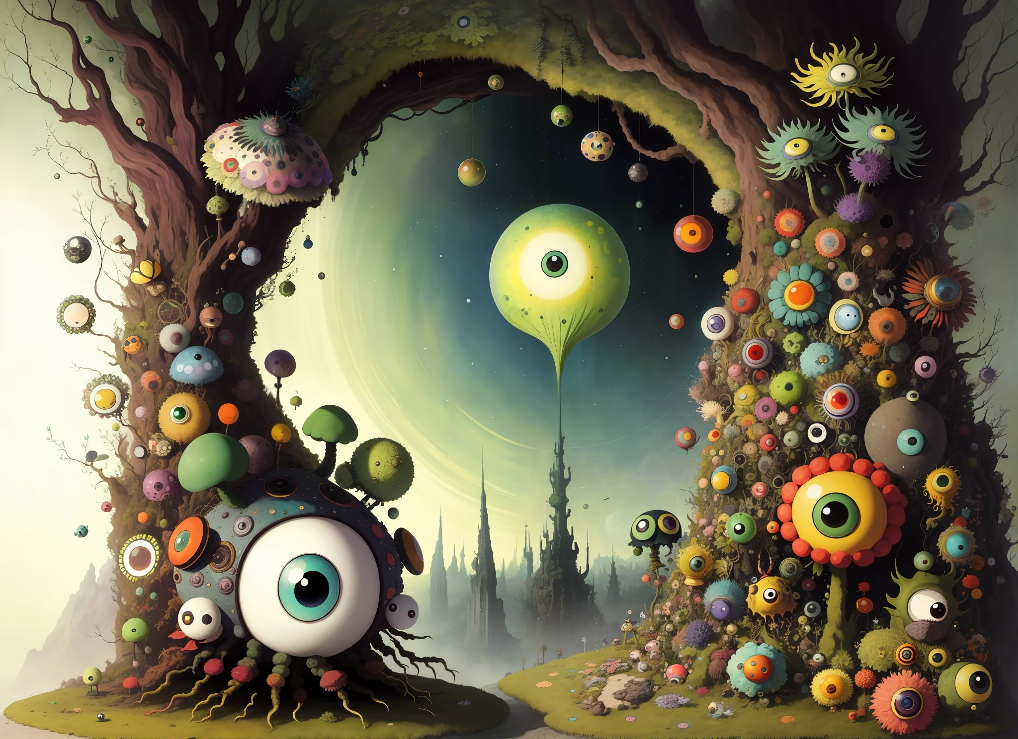 Big Eyes gonzobugs moss monster with pointy ears, big eyes, colorful mushroom cluster clinging from its back, in the style of cybermysticsteampunk, dark emerald and brown, use of bright colors, naturalist aesthetic, swirling vortexes, tranquil gardenscapes, agate geode dandelion clowncore, war-torn post apocalyptic wonderland, fauvism , Caspar David Friedrich , Takashi Murakami , Diane Dillon , album cover art, perfect, smooth, pixiv, cgsociety,