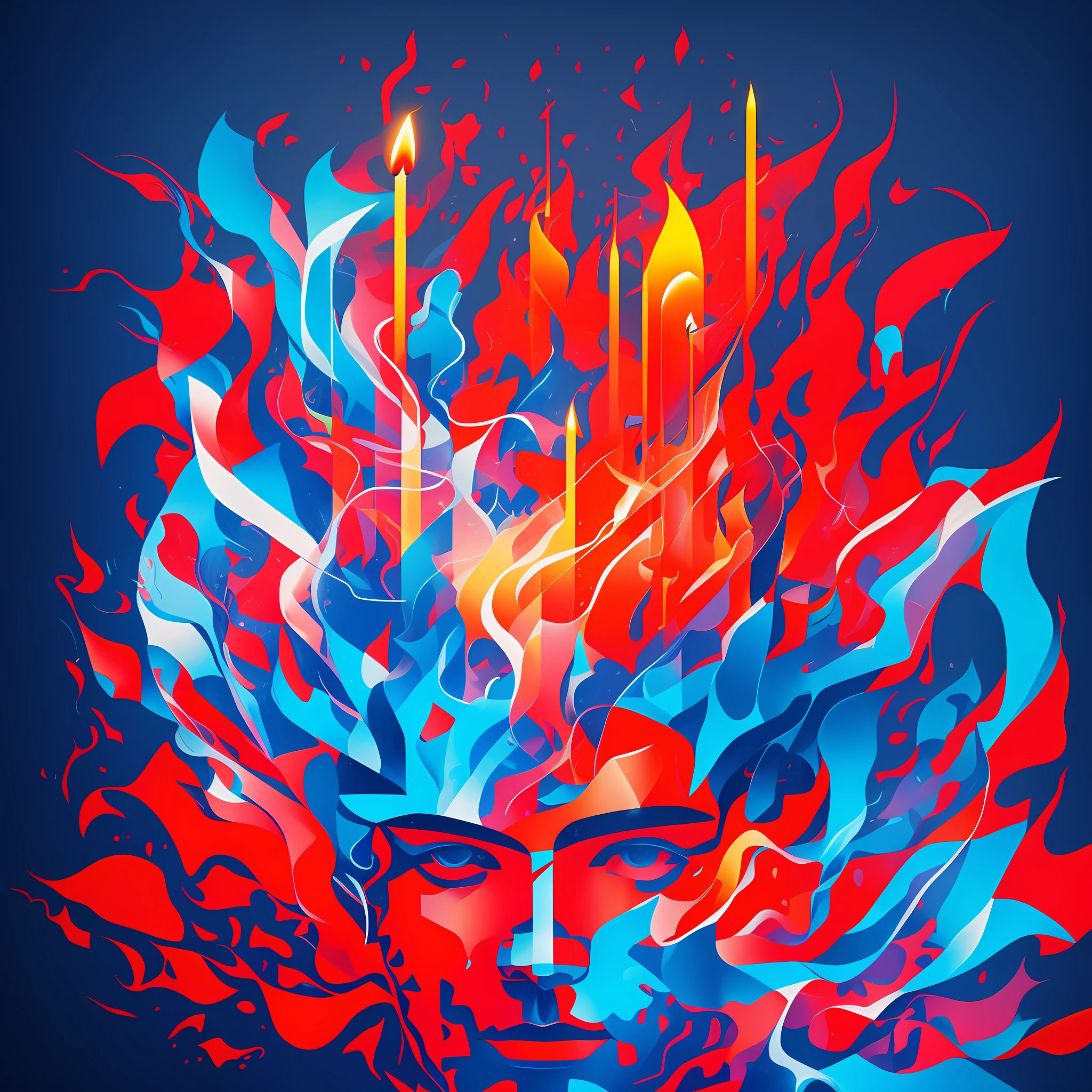 Two-dimensional picture, red and blue tones, flat poster, burning blue flame, abstract illustration, avant-garde, a man shrouded in shadow, sad candle --auto --s2