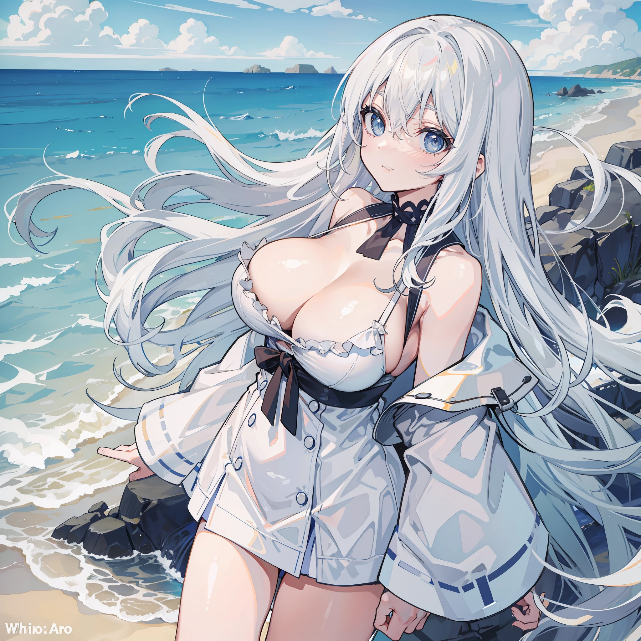 White hair, seaside, wearing nothing, big breasts,