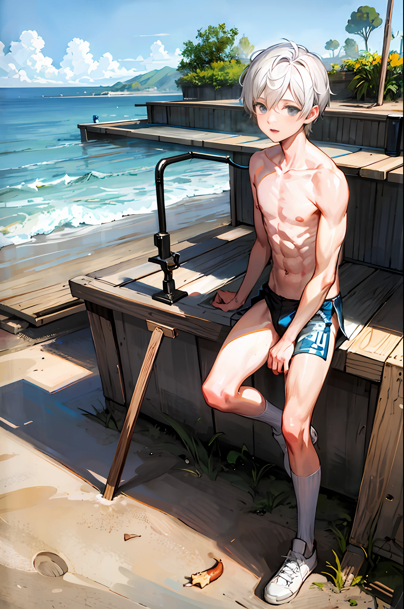 Boy with white socks, feet dipped in water