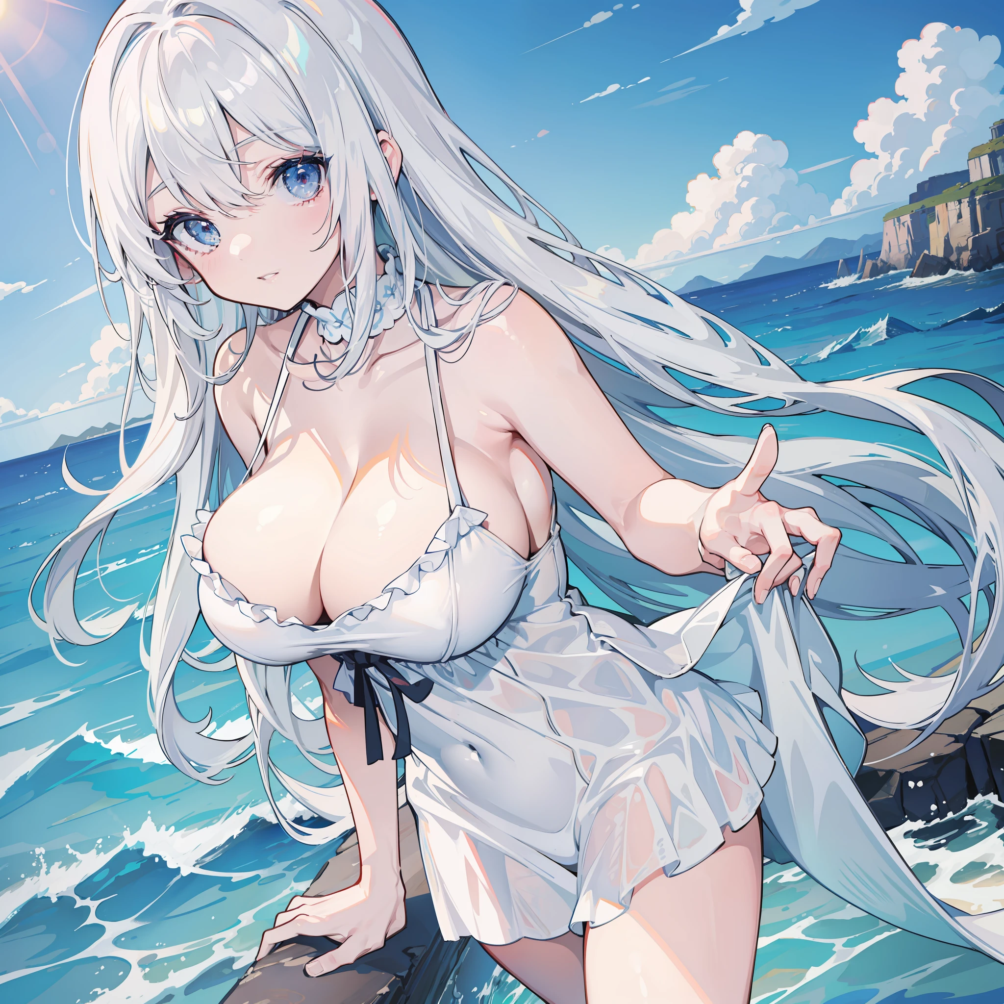 White hair, seaside, wearing nothing, big breasts,