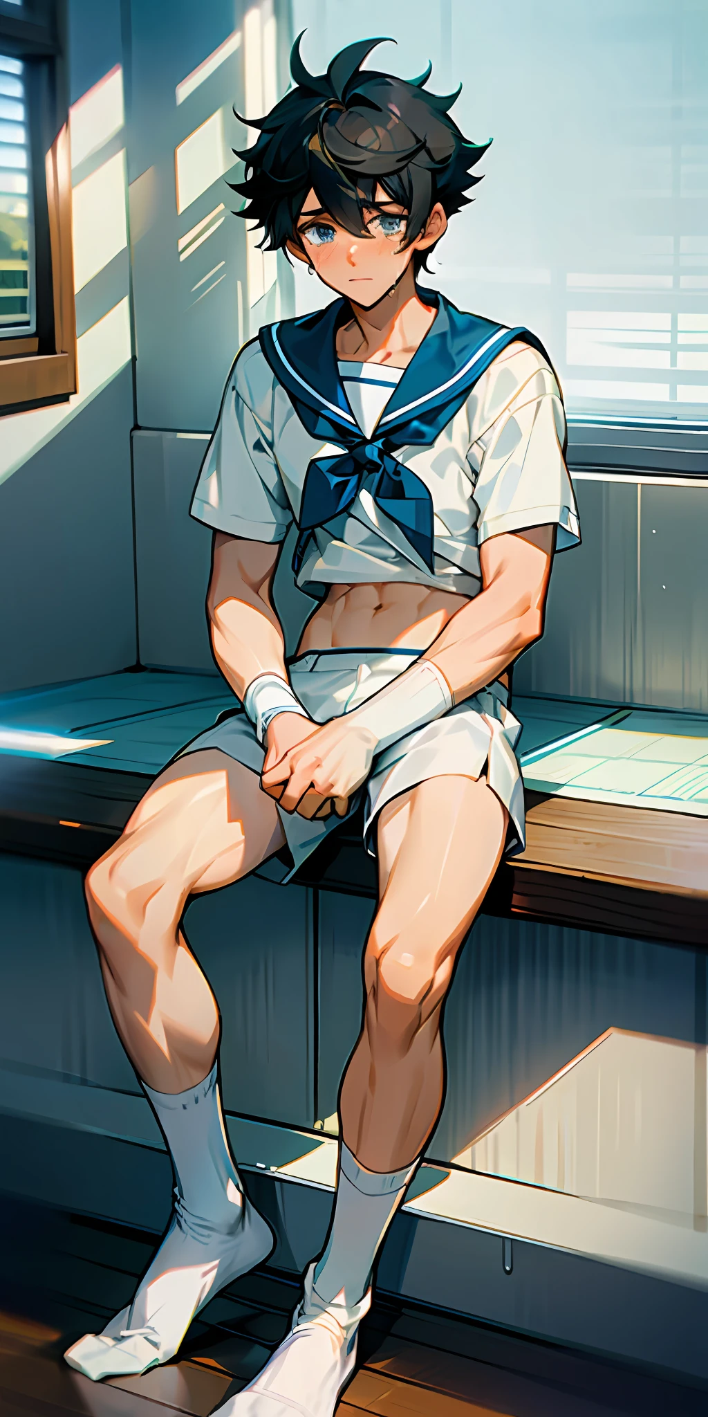 Handsome guy in white socks is crying, abs boy, sunny handsome, anime male protagonist, male high school student, white socks, sailor uniform, sports shorts, full body photo