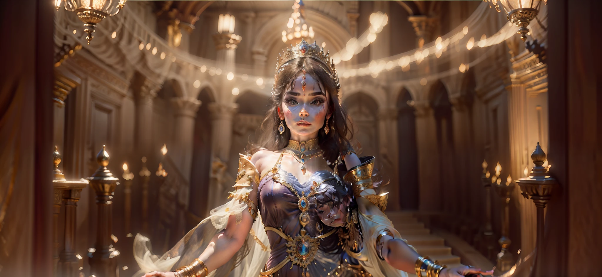cinematic pose of a Beautiful Princess with jewellery in dance Pose in a castle chamber, well lit background