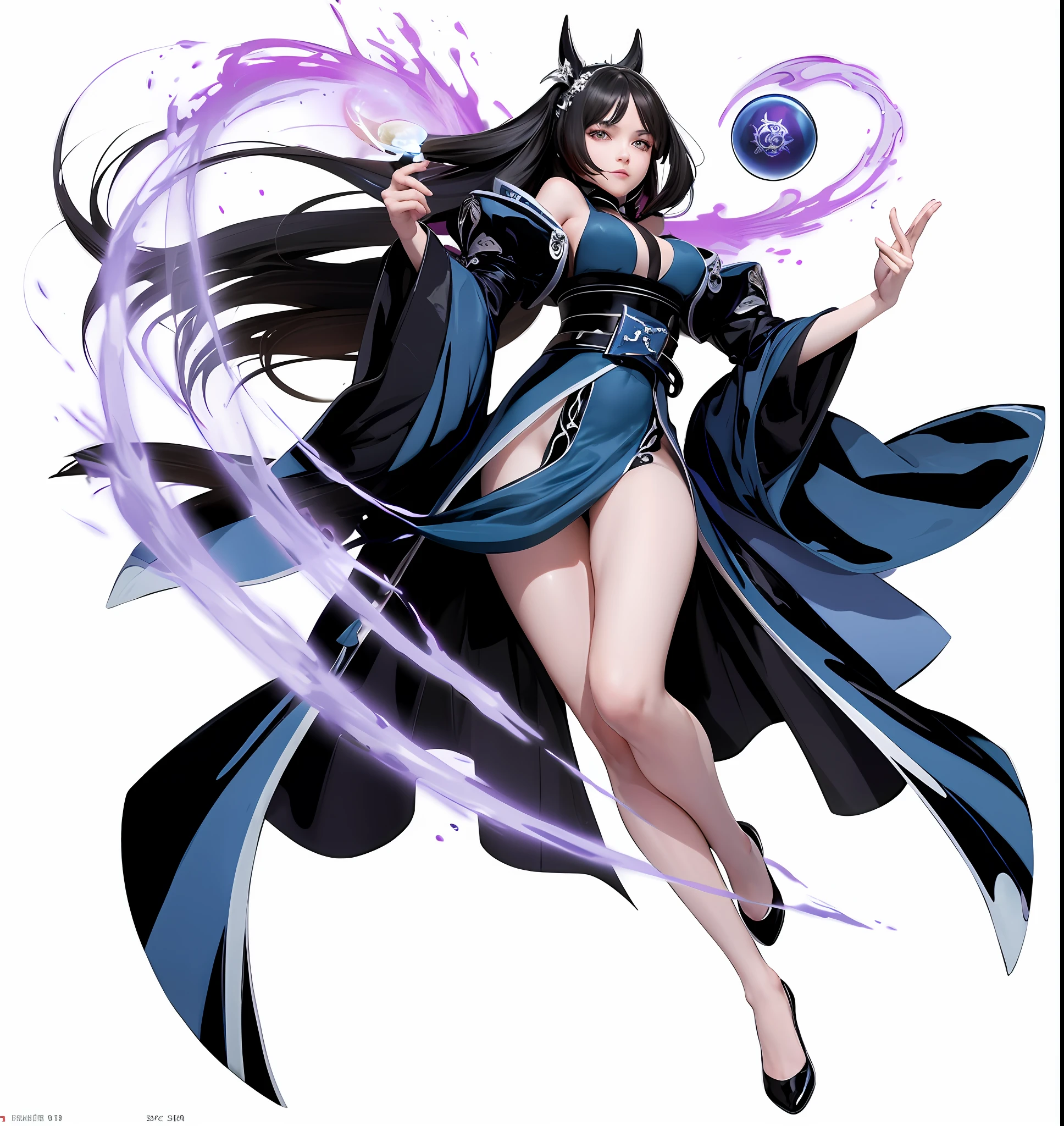 A woman in black Hanfu holding a magic ball, dark witch full body pose, brunette mage, full body fairy, dark witch full view, ninja scroll anime style, beautiful witch, witch, anime ninja scroll, fighting game character, /! \ Witch, (8k, RAW photo, best quality, masterpiece:1.2), european feel, medieval, ((character concept art), full body concept, still life, fine detail, center of screen, still life only, ((simple background)), white background, --auto --s2