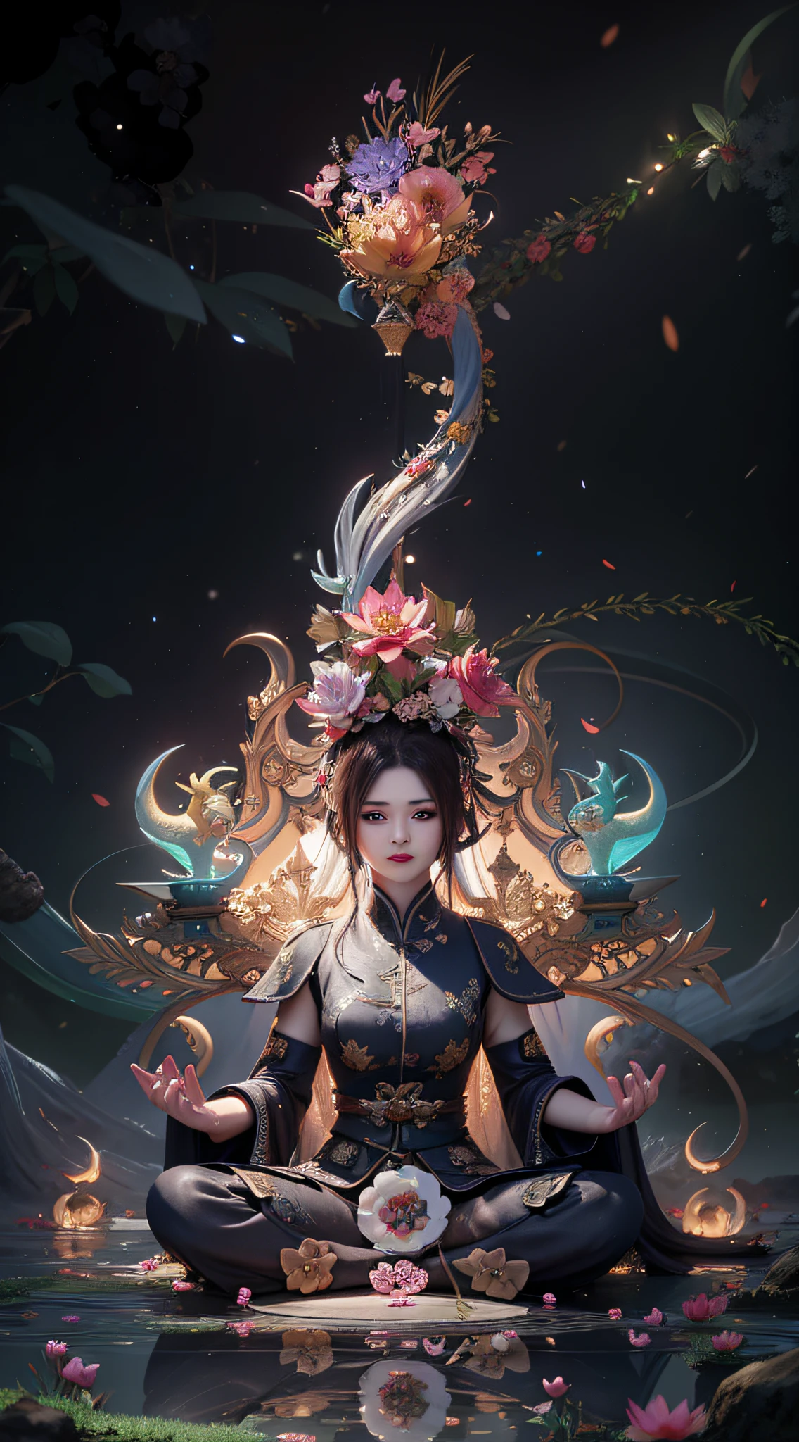 a woman sitting in a lotus position with a flower on her head, by Yang J, epic fantasy digital art style, fantasy art style, beautiful digital artwork, 4k highly detailed digital art, 8k high quality detailed art, 8k stunning artwork, chengwei pan on artstation, digital fantasy art ), epic fantasy art style, detailed fantasy digital art, by Li Song
