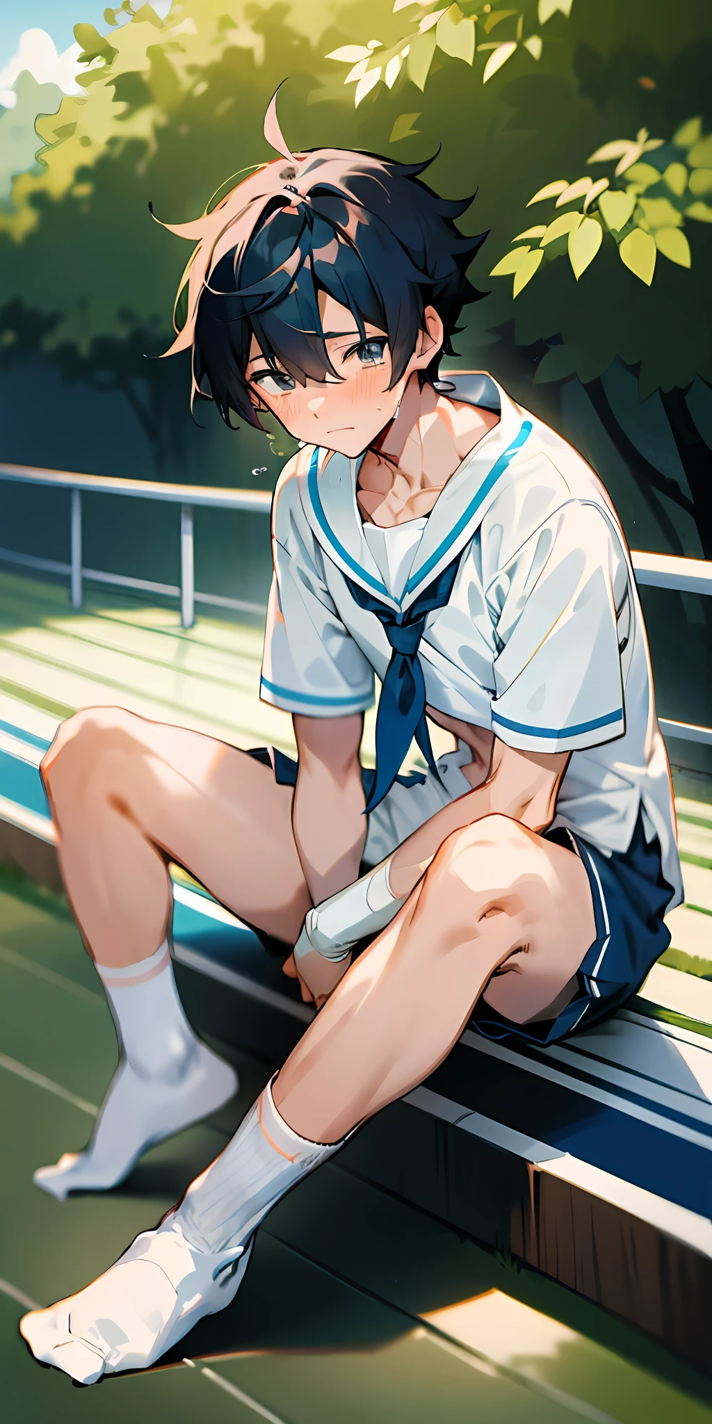 Handsome guy in white socks is crying, abs boy, sunny handsome, anime male protagonist, male high school student, white socks, sailor uniform, sports shorts, full body photo