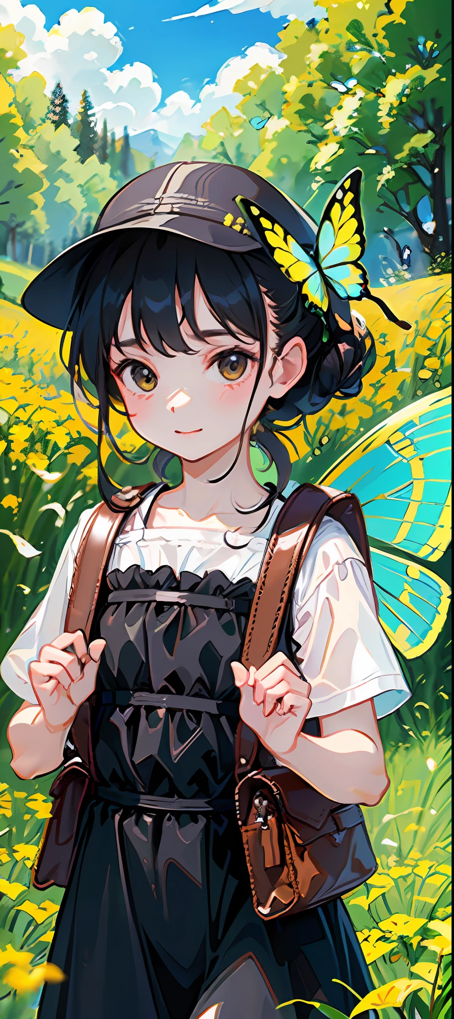 An incredibly charming  girl carrying a backpack, accompanied by her adorable puppy, enjoying a lovely spring outing surrounded by beautiful yellow flowers and natural scenery. The illustration is in high definition at 4k resolution, with highly-detailed facial features and cartoon-style visuals, (Butterfly Dance)