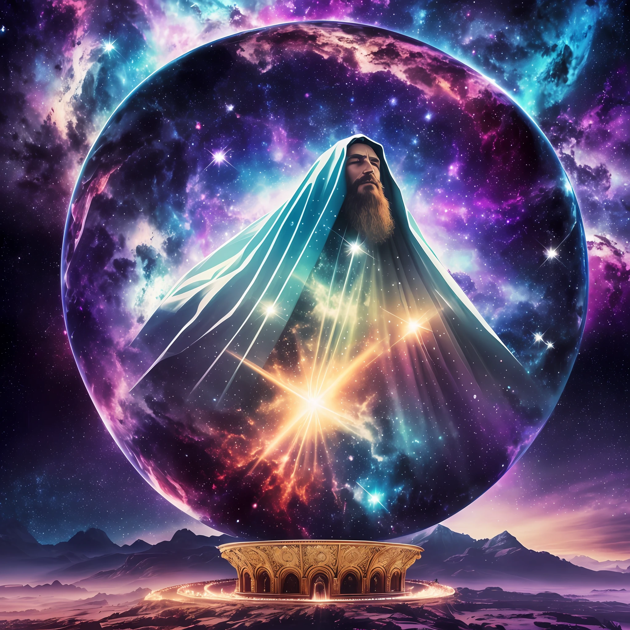super high resolution, best quality, photo, 16k, (photorealistic: 1.2), cinematic lighting, Jesus Christ on his knees praying. Shrouded in a radiant aura. Seat them on a magnificent throne within a cosmic backdrop, in bright white cloaks floating on the crystal throne, floating on crystal clouds, surrounded by the splendors of the universe. Pay meticulous attention to stunning details and achieve a resolution of 64K for an immersive and realistic visual experience. Let your work capture the essence of myth and wonder, leaving viewers in awe of its beauty and power. --auto --s2