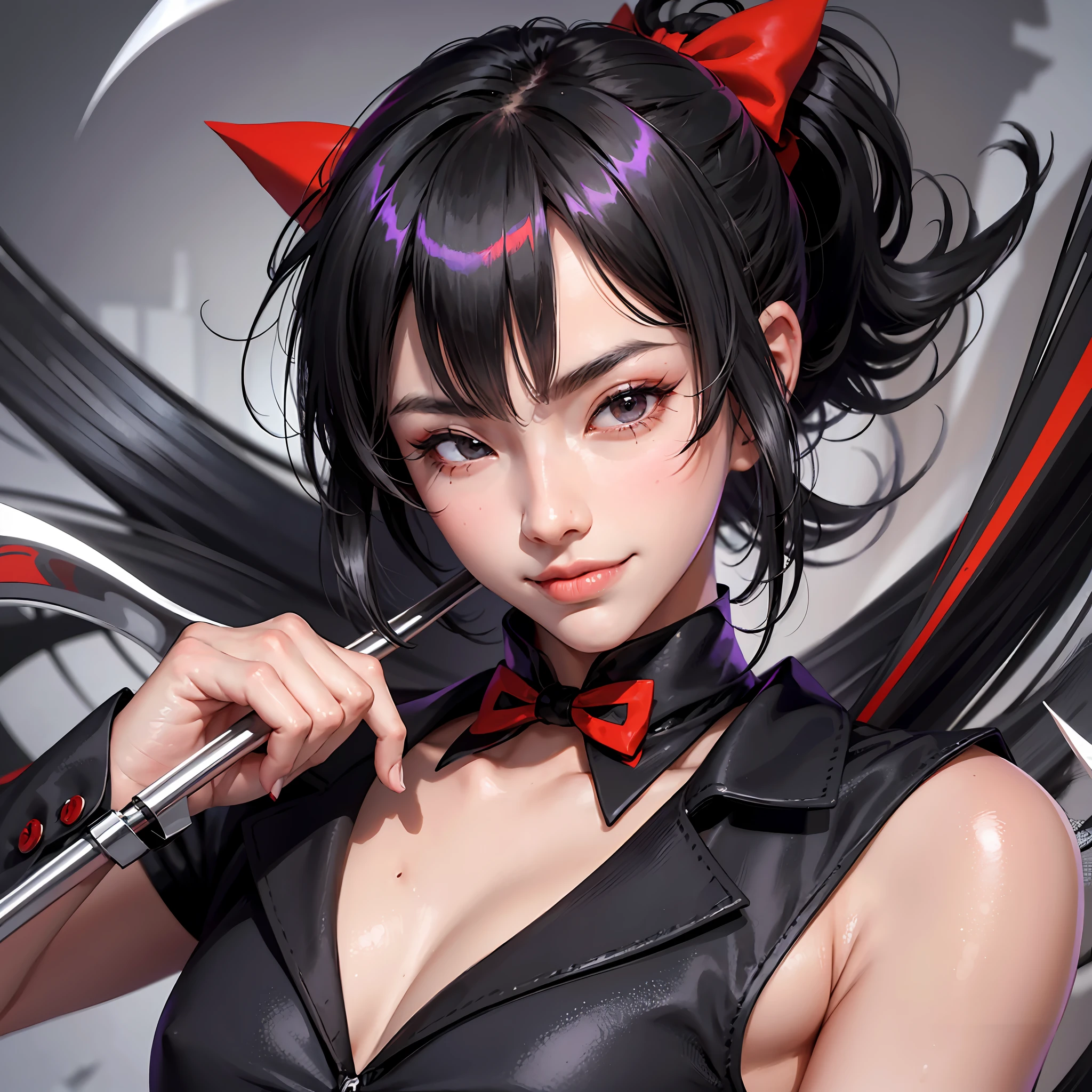 black hair, ahoge, bangs, floating hair, bow-shaped hair, kamina shades, mole under eye, hollow eyes, evil smile, a male, black business suit, Long leg, big Eyes, tiny waist, fang out, one eye closed, anime, close-up, 8k, super detail --auto --s2