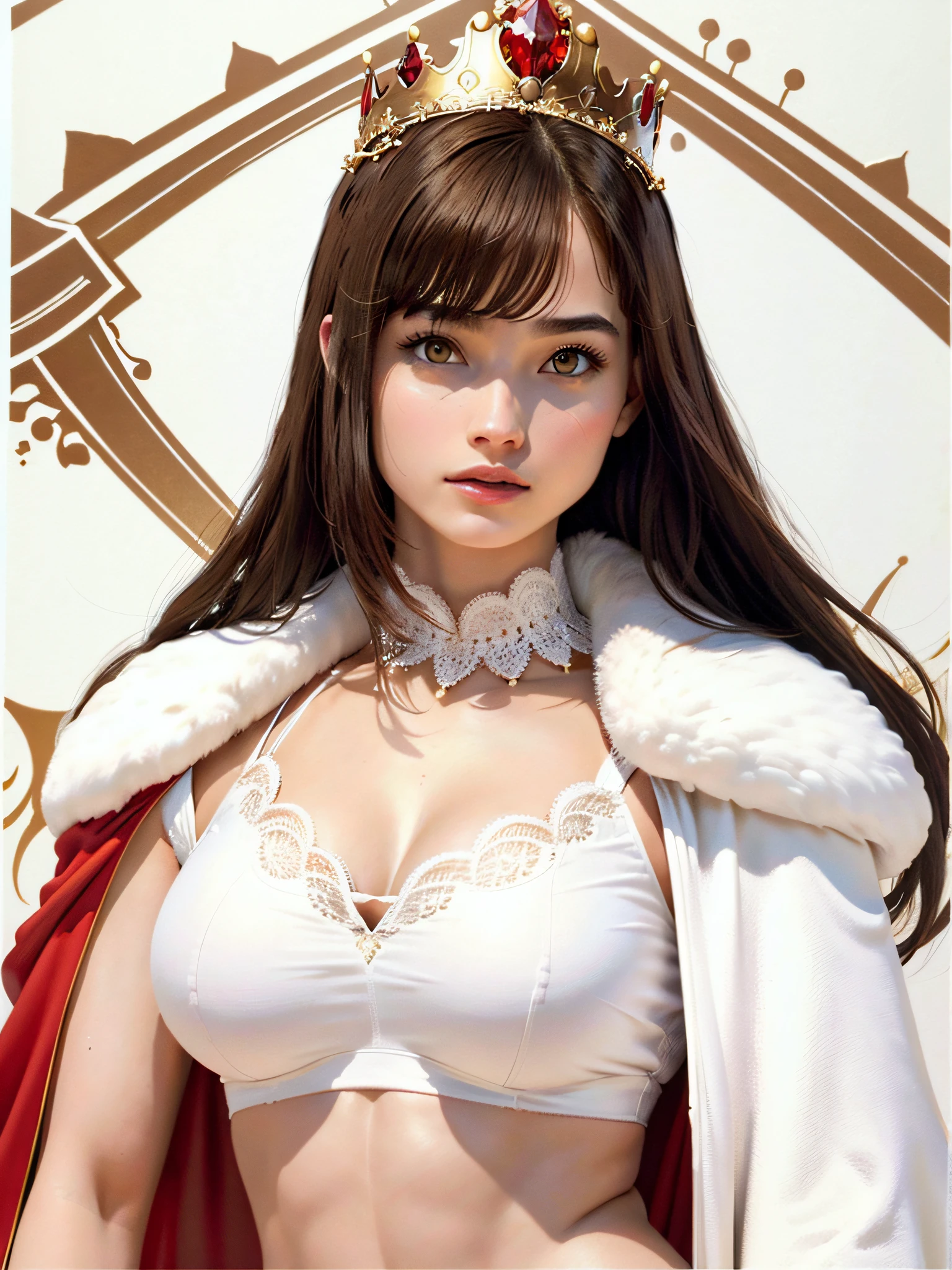 (masterpiece, highest quality, highest quality, official art, beautiful and aesthetic: 1.2), ultra-detailed complex 3D rendering of face, various poses, (((Huge breasts: 3.4)), (Exposure: 2.1), white micro bikini, , Perfect figure: 1.4, Slim abs: 1.1, (1 girl), fur-lined red cape, abs, jeweled detailed crown: 2.2), cleavage, brown hair, White skin, strong and detailed weapons, clean and luxurious shield