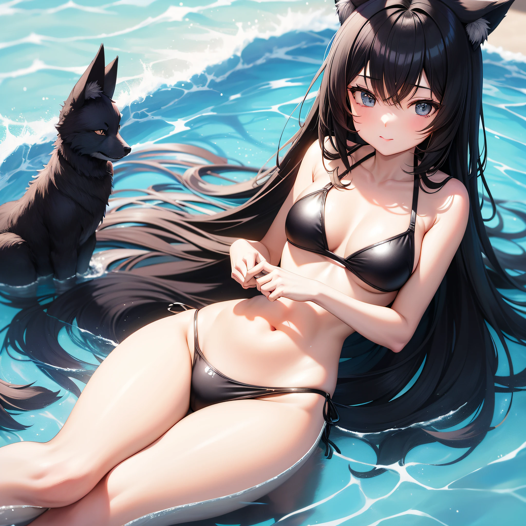 an anime weighting with wolf orehas black hair swimsuit