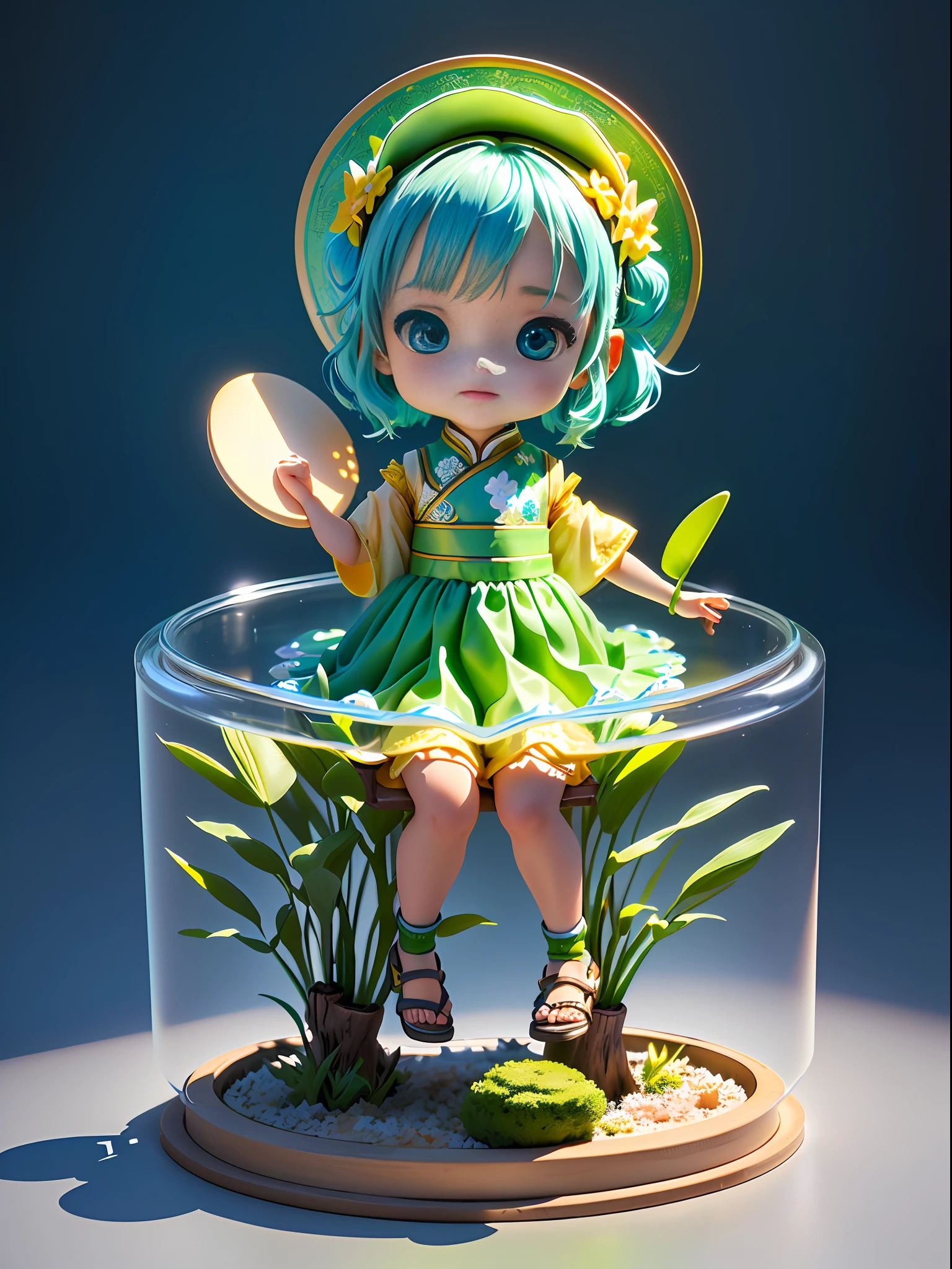 Cute water element, three people, 18 years old, two little boys, a little girl, sitting on it an oversized transparent decorative drum, beautiful pot, a transparent semeric pot, playing drums, eco-friendly, wearing a drum on his head as a hat, a boy on blue liquid hair, a jill on green soft hair, cute eyes, magic lab background, chinese costume, green plants, super cute full body 3d drawing, toy, pop mart blind box, pixar, intricate details, 3d rendering, blender, oc Renderer, fol body reference sheet, dribbling, Disneyland, pop mart, high detail, 8K, volumetric light, reference table, pop mart blind box, Pixar, complex detail, 3d rendering, blender, OC renderer, fol body reference sheet, dribble, high details, 8k, studio lighting, loli, petite, child, chibi , SD characters: 1.1, Magic Lab background