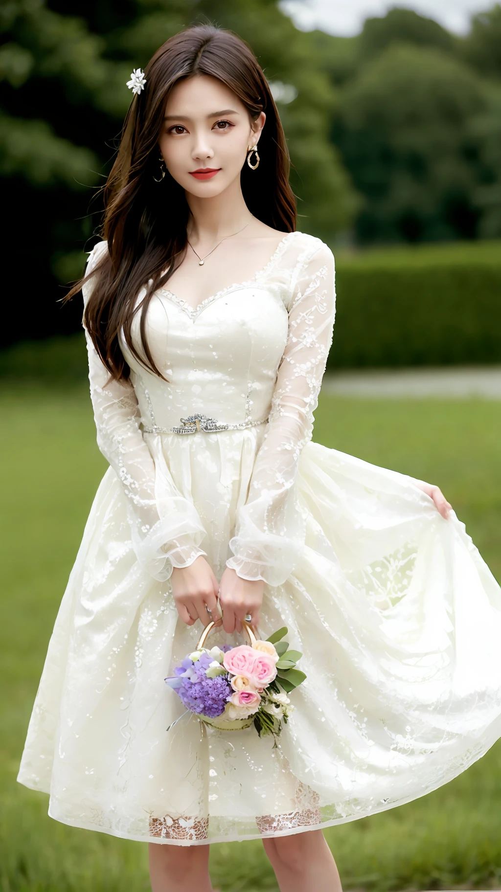 jewelry, solo, earrings, necklace, brunette hair, smile, single bun, (formal:1.6), reality, bun, bracelet, grin, ulzzang-6500v1.1, (original: 1.2), (reality: 1.3) , beautiful girl with beautiful details, extremely detailed eyes and face, eyes with beautiful details, ridiculous, incredibly ridiculous, huge file size, ultra detail, high resolution, super detailed, best quality, masterpiece, Illustrations, super detailed and beautiful, super detailed, CG, unity, 8k wallpaper, amazing, fine details, masterpiece, top quality, extremely detailed CG Unity 8k wallpaper, cinematic lights, (perfect shiny skin:0.6), slender and smooth lines, (floating), (small breasts: 1), earrings, ((full body photo))), (((in flowers))), ((in dresses))), (beautiful clouds)))