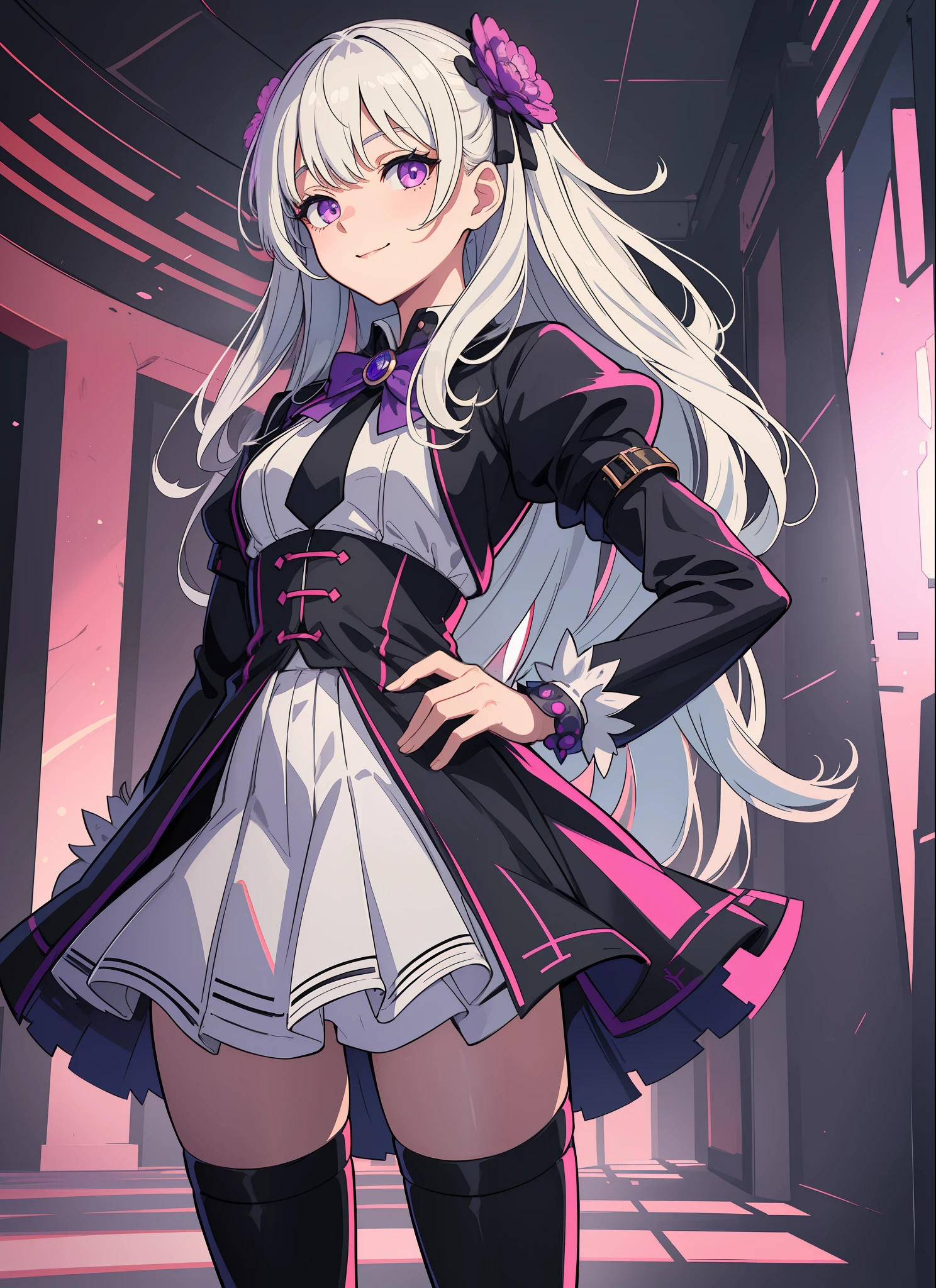 (masterpiece:1.2, best quality), (finely detailed beautiful eyes: 1.2), (extremely detailed CG unity 8k wallpaper, masterpiece, best quality, ultra-detailed, best shadow), (detailed background), (beautiful detailed face, beautiful detailed eyes), High contrast, (best illumination, an extremely delicate and beautiful),1girl, beautiful, grey hair, age down, white cloth, black skirt, purple glowing eyes, cropped leg , magician, , standing, one hand on hip, light smile, facing viwer, preparing