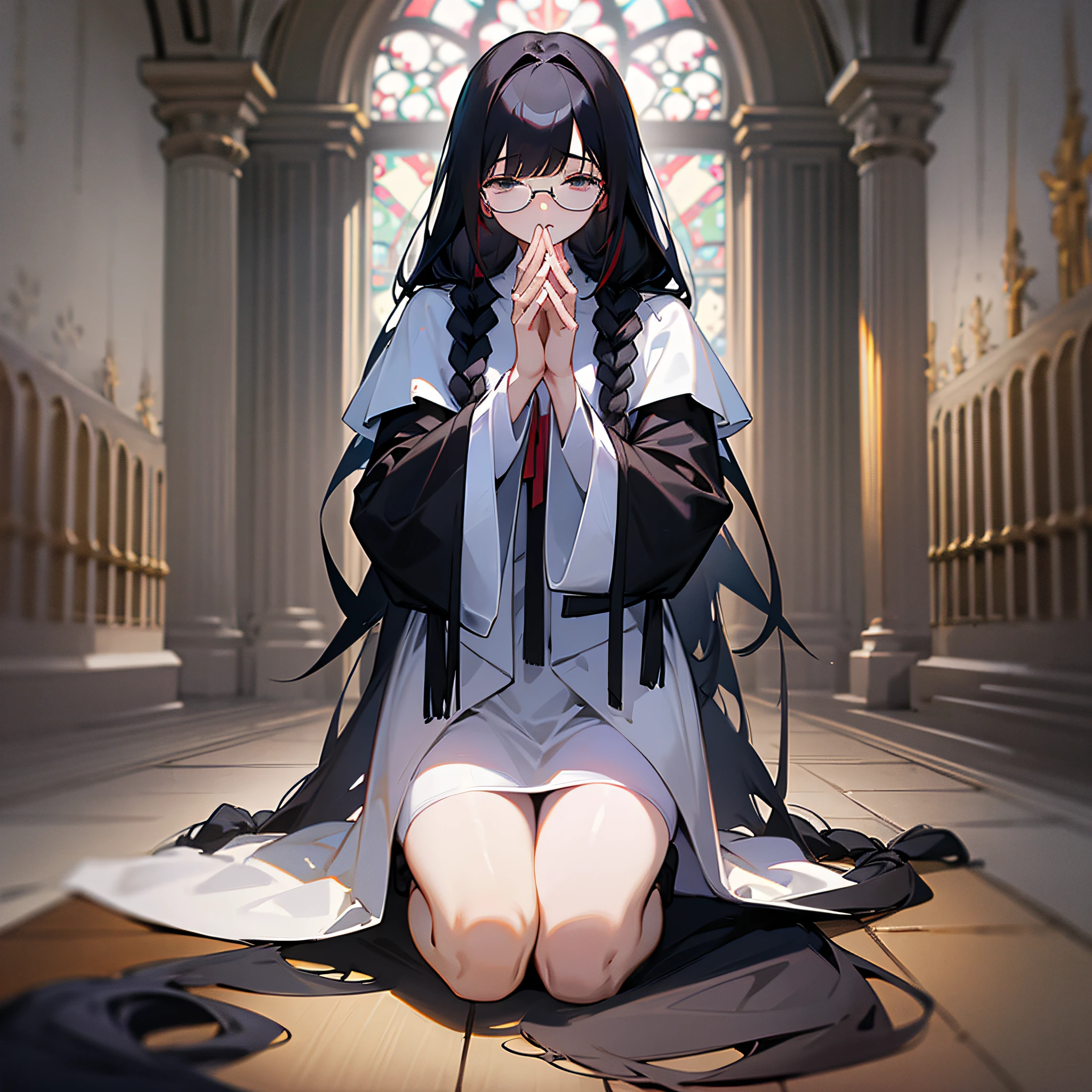 Virgin, holy, kneeling in prayer, twisted braids, long black silk legs, black glasses, white clothes, black hair --auto --s2