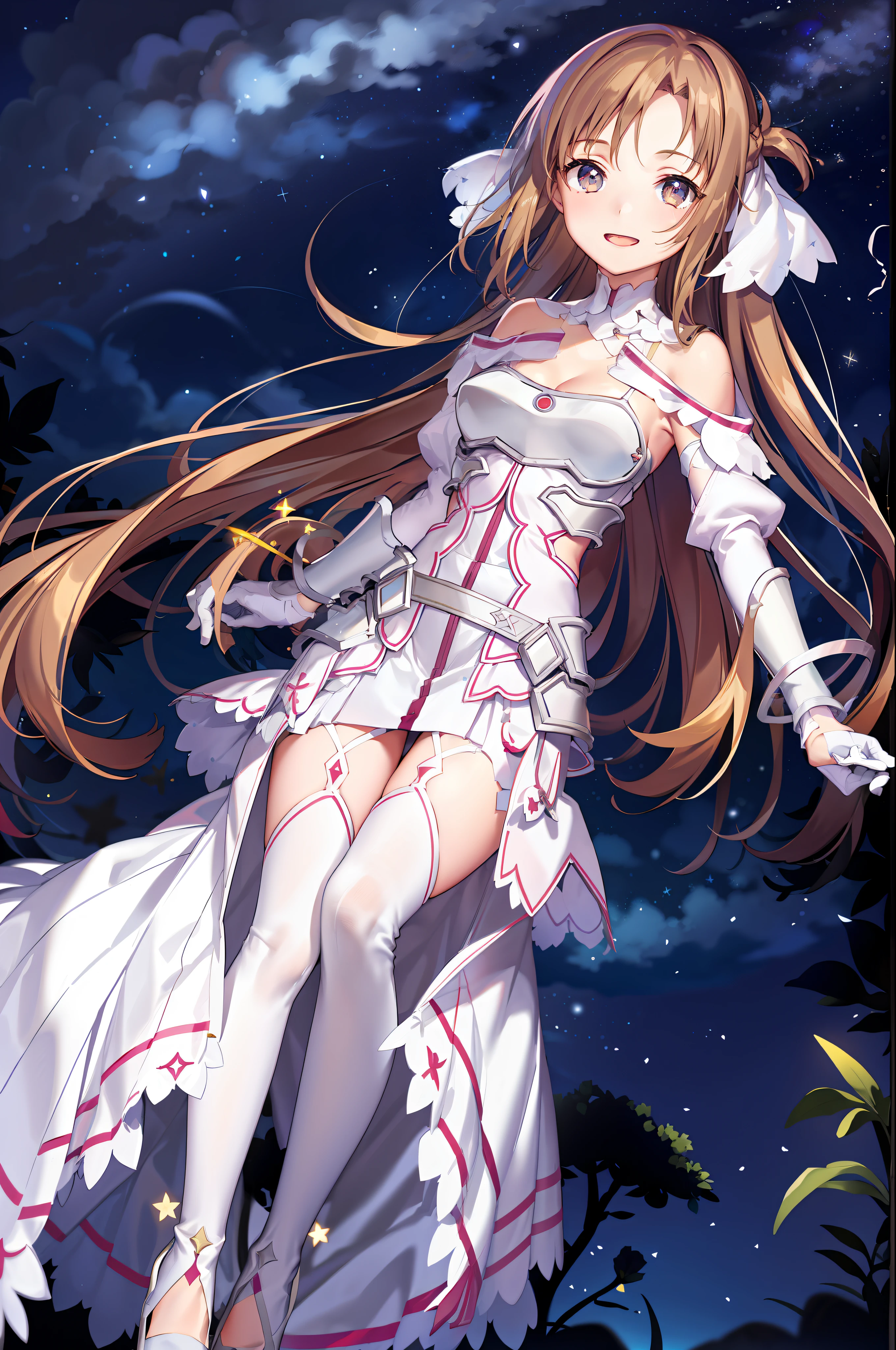 stacia, 1girl, solo, long hair, breasts, looking at viewer, smile, open mouth, bangs ,detailed eyes, beautiful background, (night sky, stars), hands on the chest,  brown hair, thighhighs, gloves, dress, cleavage, bare shoulders, brown eyes, very long hair, standing, full body, white gloves,  white dress, armor, white thighhighs, garter straps, fantasy, white armor,  abec,