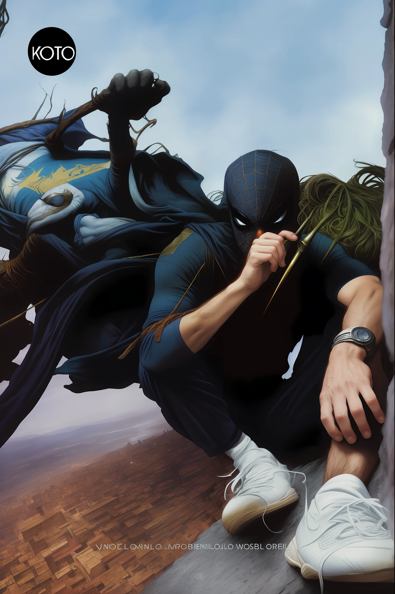 solo mid shot portrait photo of a real life spiderman
dark fantasy background
by Will Eisner and Adonna Khare
ultra realistic highly detailed intricate photorealistic analog style photograph
sharp focus on eyes, cinematic lighting