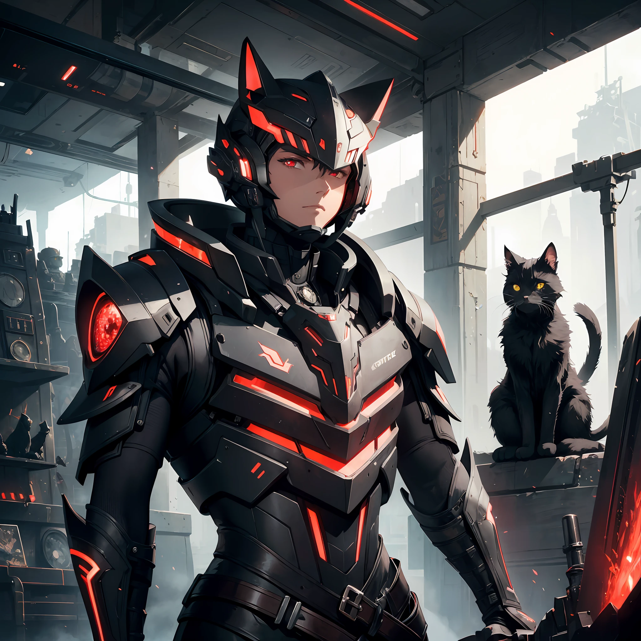 cat in futuristic armor, spaceships,great explorer, eyepieces, finely detailed armor, looking away, encrusted with skulls, black and red, dark tones, blacksmith workshop in the background, sparks, cinematic lighting, hyper realistic --auto --s2