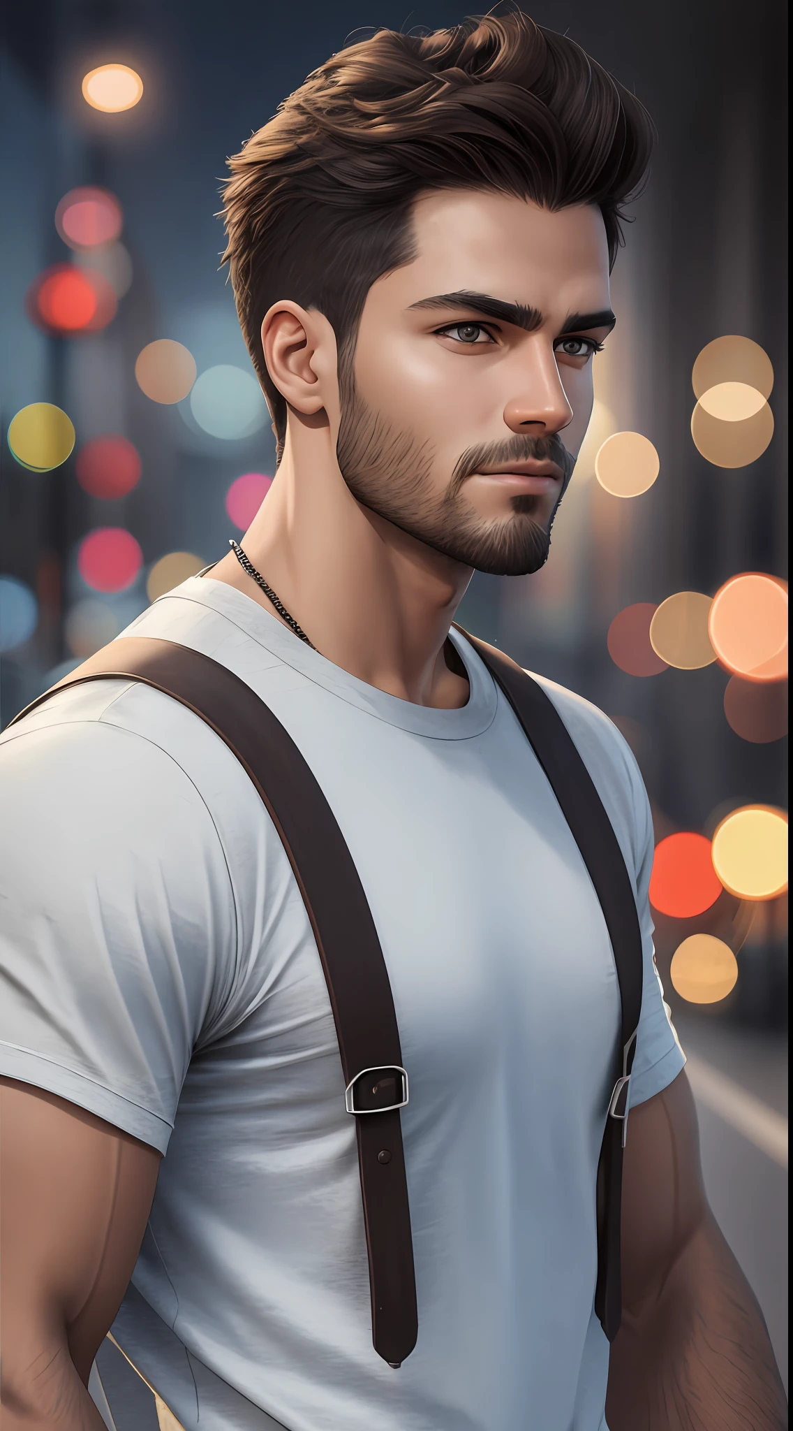 [25-year-old male],[face: Oval], [eyes: narrow eye shape, brown color, thick and curved eyebrow shape], [Nose: Tall shape, big hole], [Mouth: thick lip shape, Neat teeth], [Chin: square chin shape, Strong jaw chin], [Hair: Short hairstyle, brown color,], [Ears: Big ear shape], [Skin: brown skin color, Smooth skin texture], [Facial expression: moody], [Activity: Walking on the highway,  His eyes are looking at the mobile phone, the mobile phone is open social media, the hand is holding the mobile phone, this man is paying attention to the surrounding environment],
[Top clothes: T-shirt, brown color, plaid pattern, delicate texture, casual wear style, folded clothing design, well-maintained clothing condition]
Professional photograph of a stunning man detailed, cinematic lightning, octane render, unreal engine, volumetrics dtx