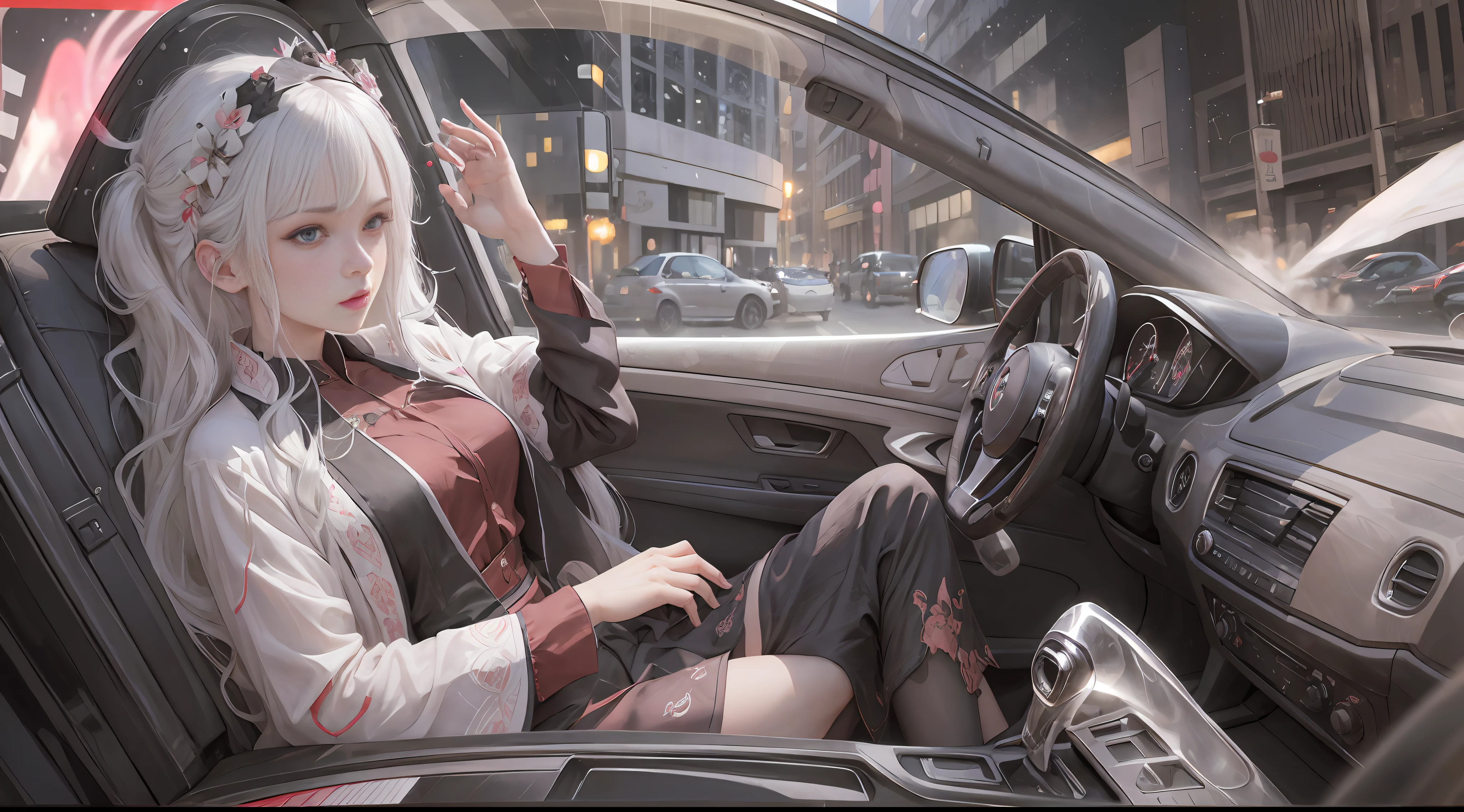 There is a beautiful white-haired girl getting out of the car, long hair fluttering, black car, attending a dinner party, flash, looking down, woman sitting in the car with her legs sticking out, Shaxi, sitting in her car, black and red silk clothes, black and pink Jenny, elegant movie pose, red and movie lighting, --auto --s2