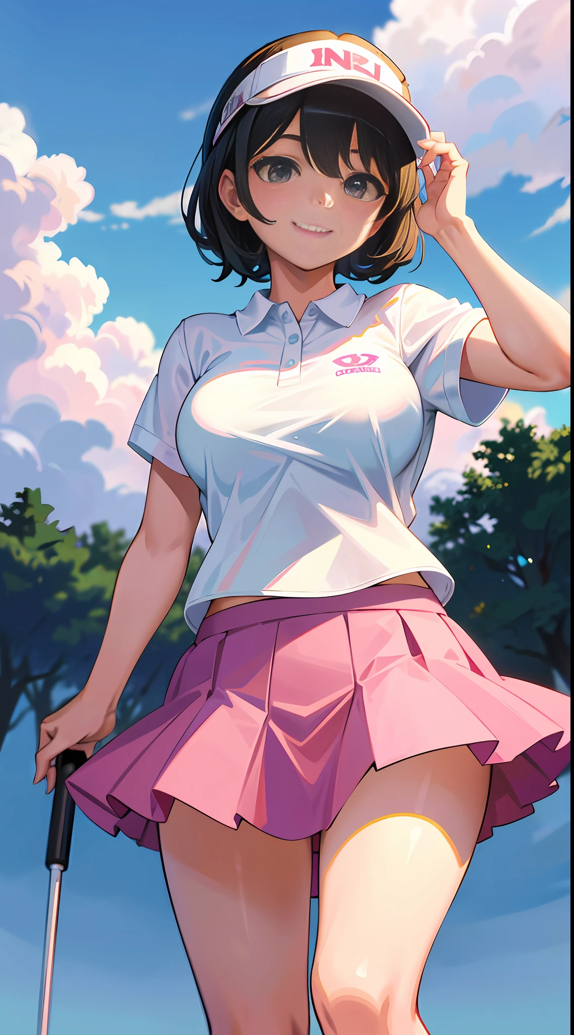 Masterpiece, top quality, high resolution, highly detailed, from below, one girl, female golfer, holding a golf ball, (smile), cute, medium breasts, short hair, black hair, (white polo shirt: 1.2), (pink pleated skirt: 1.3), (visor), (golf course)