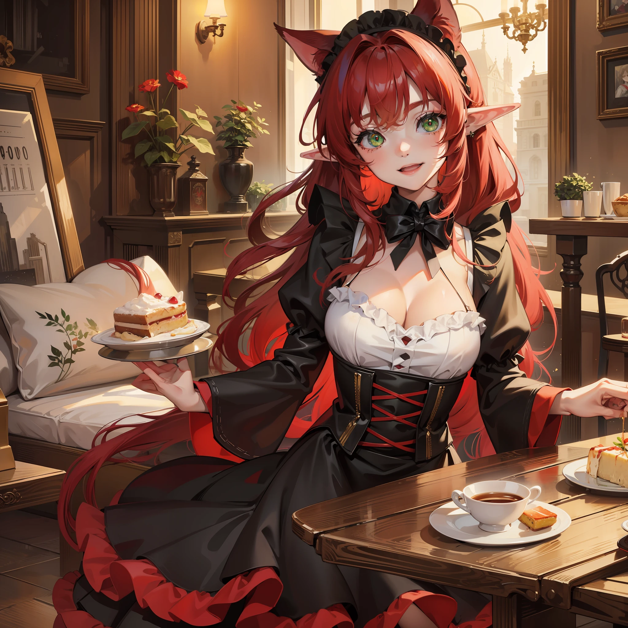 1girl, masterpiece, best quality, medium full shot, red long hair {little stars},green eyes, goblin ears,big breasts ,cute charming, smiling,black maid outfit, cafe, pov