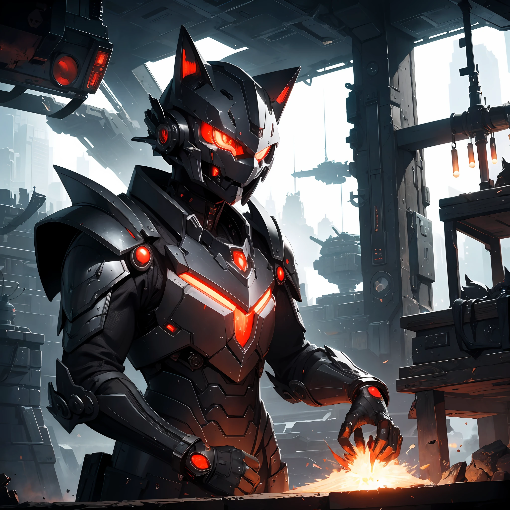 cat in futuristic armor, spaceships,great explorer, eyepieces, finely detailed armor, looking away, encrusted with skulls, black and red, dark tones, blacksmith workshop in the background, sparks, cinematic lighting, hyper realistic --auto --s2