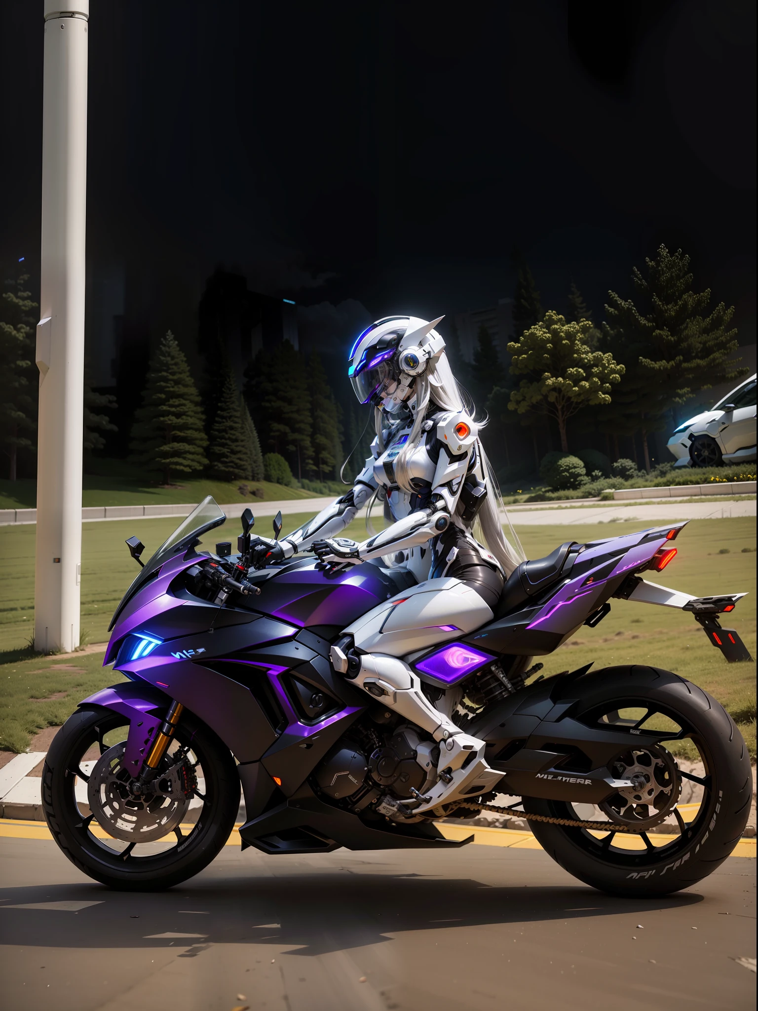 Full body white mecha white long hair Cyber Sailor and Cyber mechanical motorcycle, high-tech white full enveloping helmet, white long hair, Nousr, biomechanics, MSHN robot man, high-tech helmet, surreal, steel, complex design, crazy details, fine details, extremely clear lines, cinematic lighting, photo realism, detailed masterpiece