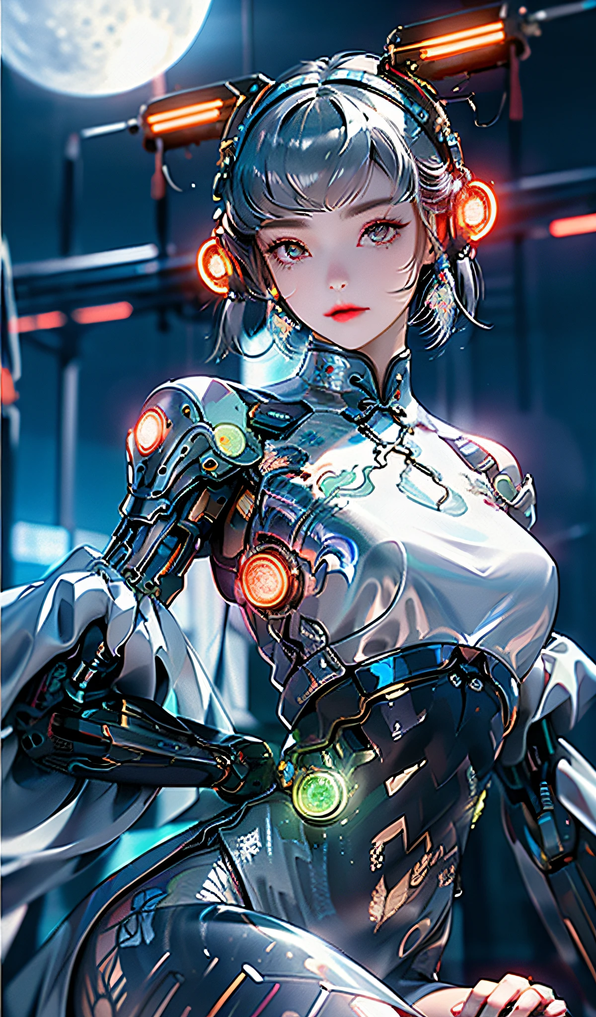 1 girl, Chinese_clothes, liquid silver and orange, cyberhan, cheongsam, cyberpunk city, dynamic pose, detailed luminous headphones, glowing hair accessories, long hair, glowing earrings, glowing necklace, cyberpunk, high-tech city, full of mechanical and futuristic elements, futuristic, technology, glowing neon, orange, orange light, transparent tulle, transparent streamers, laser, digital background urban sky, big moon, with vehicles, best quality, masterpiece, 8K, character edge light, Super high detail, high quality, the most beautiful woman in human beings, micro smile, face facing front and left and right symmetry, ear decoration, beautiful pupils, light effects, visual data, silver white hair, super detail facial texture