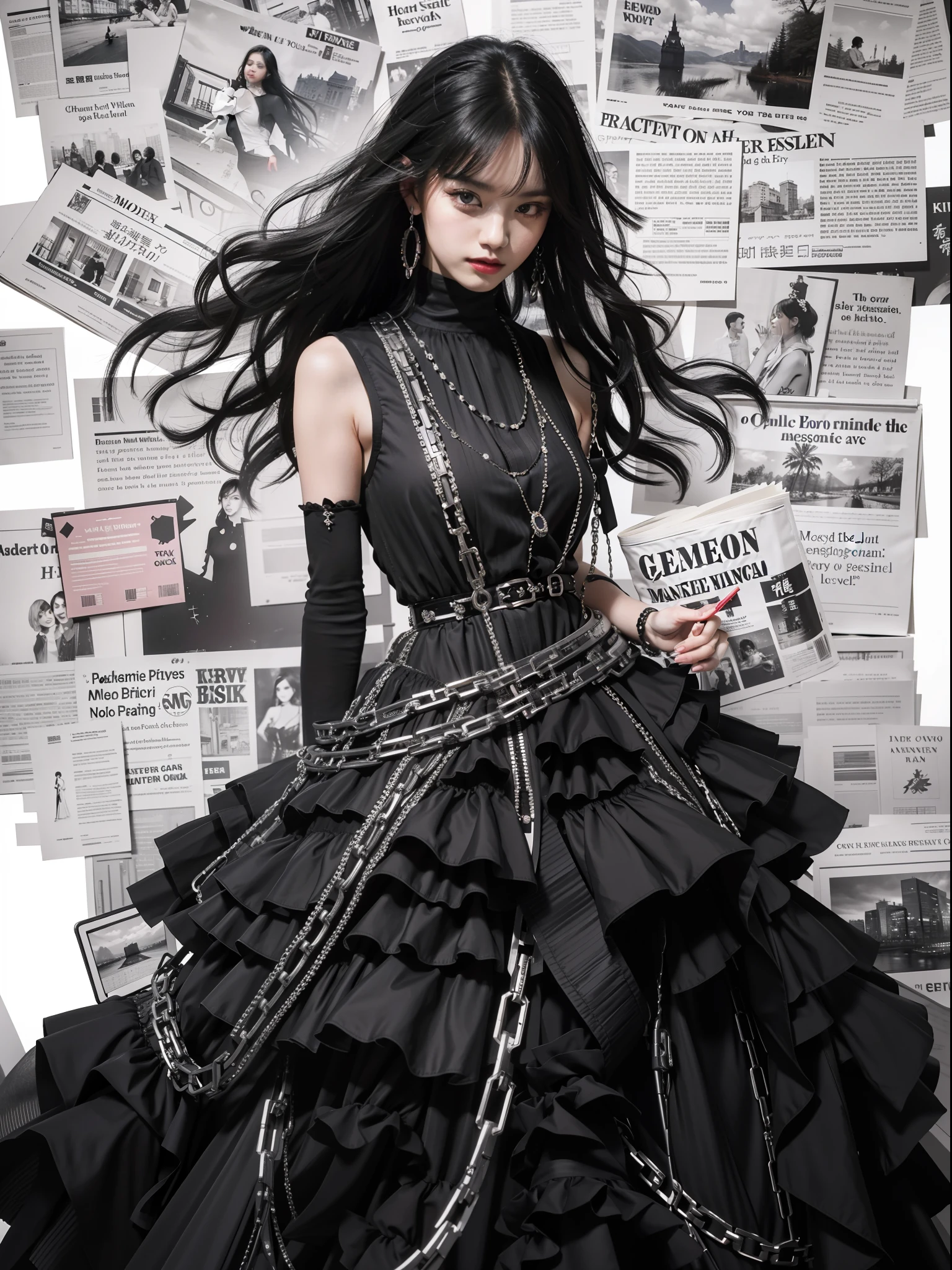 A woman in a gothic black dress, in the style of yuumei, magenta, neck wrapped in steel chains, obvious brushstrokes, clear brushstrokes, story-filled picture, old newspaper stacked paneled background, newspaper elements, pattern, long black hair, galactic eyes, dazzling light, special effects, line drawing, needle pen technique, charcoal brush strokes, clear details, master work
(masterpiece), realistic, HDR, highly detailed, 8k, original photo,
Ambient occlusion, nature, harmonious composition, cool colors, fine art photography,