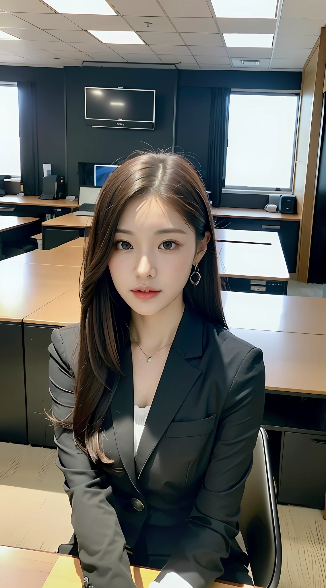 (Best Quality, Ultra Real, 32k, Dark Tones, Lighting, Masterpiece, UHD: 1.2), Half-body, Young Beautiful Woman, (Long dark brown hair), sitting in a fancy office: 1.2, (Rich skin texture detail, Detailed face: 1.2), (Wearing a stylish suit: 1.5), (Sitting at a desk looking at a computer work Aerial view: 1.3), behind the desk computer design drawing