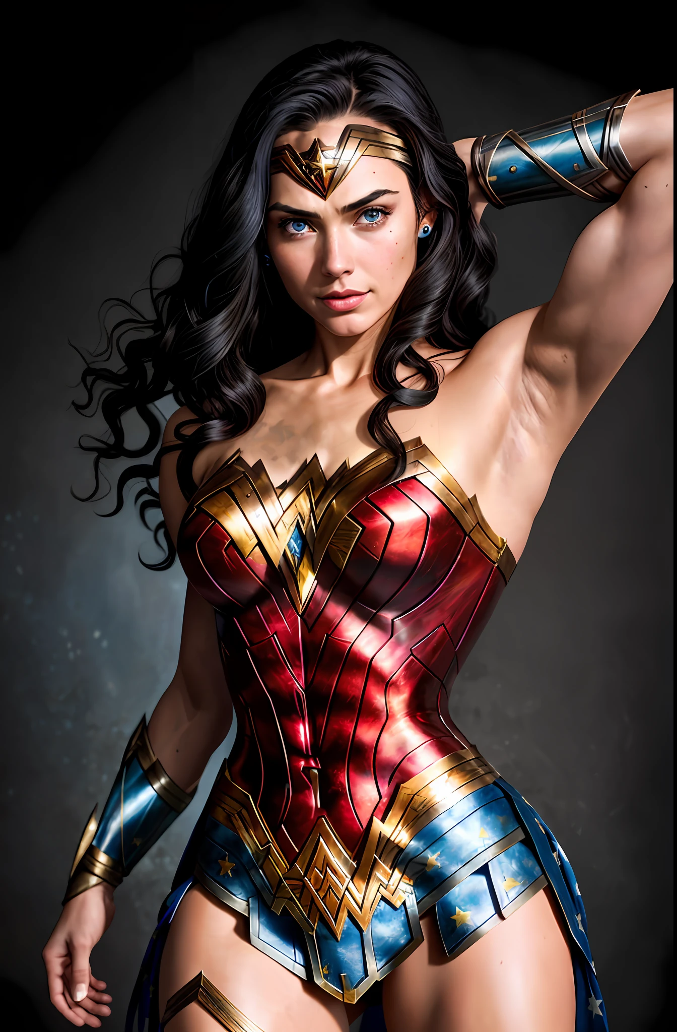 (Wonder Woman) powerful realistic blue eyes, shiny black hair, lips, long hair, makeup, muscular, natural skin texture, slightly suntanned skin tone, full body, action pose, smile, photorealistic, Adrian Ghenie, esao andrews, jenny saville, edward hopper, surrealism, dark art by James Jean, takato yamamoto, inkpunk minimalism style, (bust:1.2)