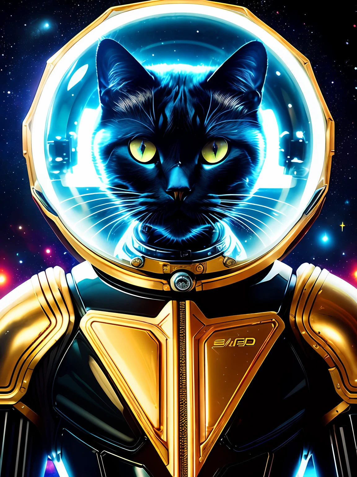 Black cat, astronaut, humanoid, photo of the body of a (((sci-fi))) astronaut (((cat)), red details, gold details, bionic battle suit, a black hexagonal futuristic alien landscape in the background, ornate, bright, polished, metallic, majestic professional oil painting