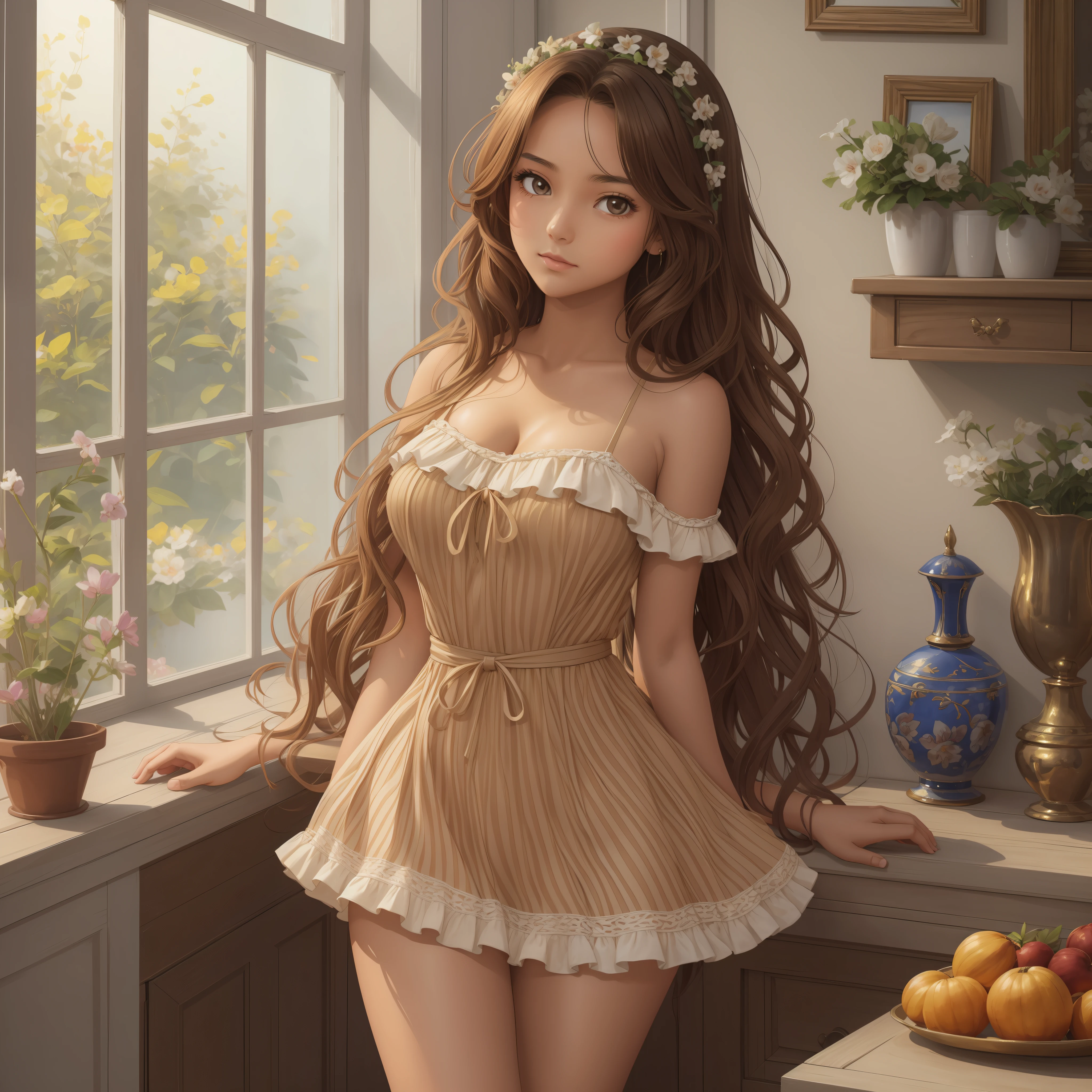 (masterpiece),Woman with young appearance, between  to 18 years olwith slightly tanned skin, brown cavelos, brown eyes, large and very full wavy hair, a height of 1.65 meters, medium breasts, dress --auto --s2