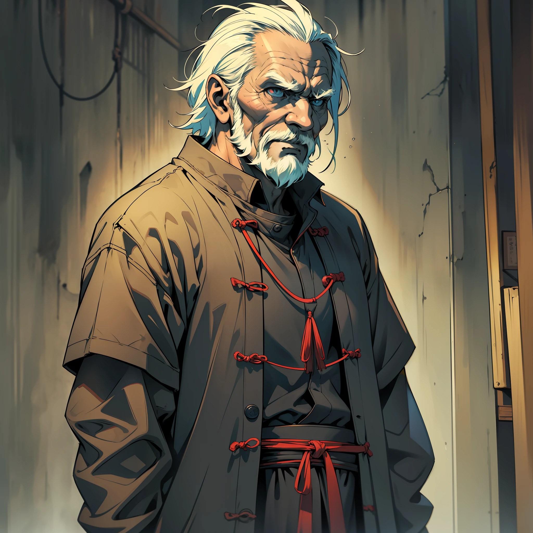 Old man, trivia, Taoist dress, horror atmosphere, sense of coolness, sense of desolation, doomsday atmosphere, cold colors, dim light, flat lines