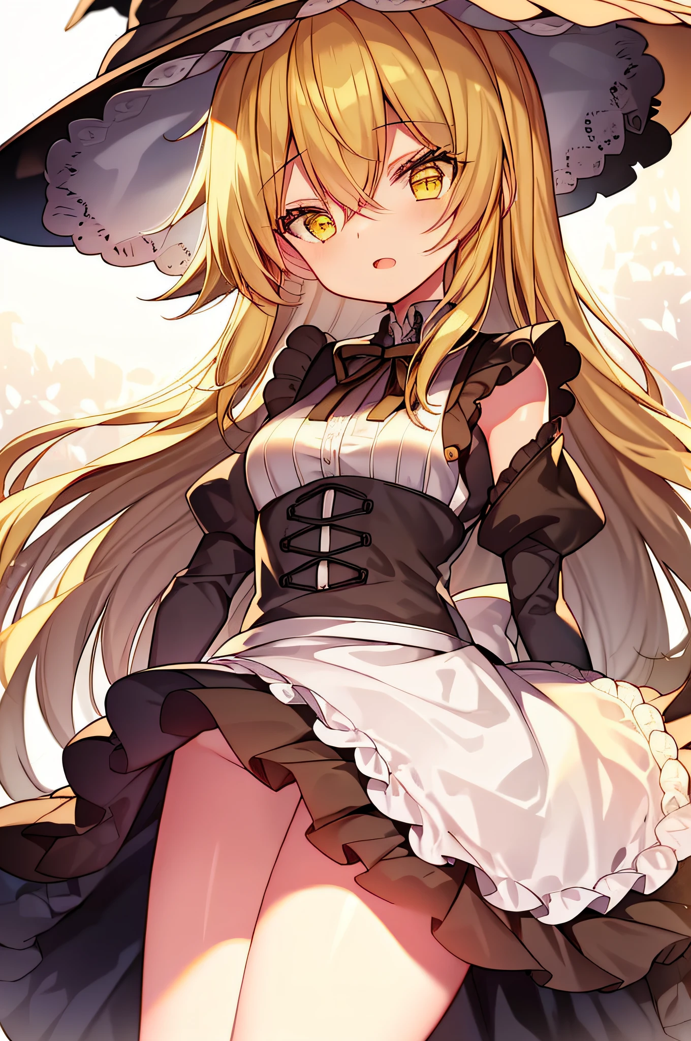 1girl,masterpiece,upper body, best_quality, Kirisame Marisa, blonde hair, yellow eyes,open mouth,maid apron, witch hat, arms behind back