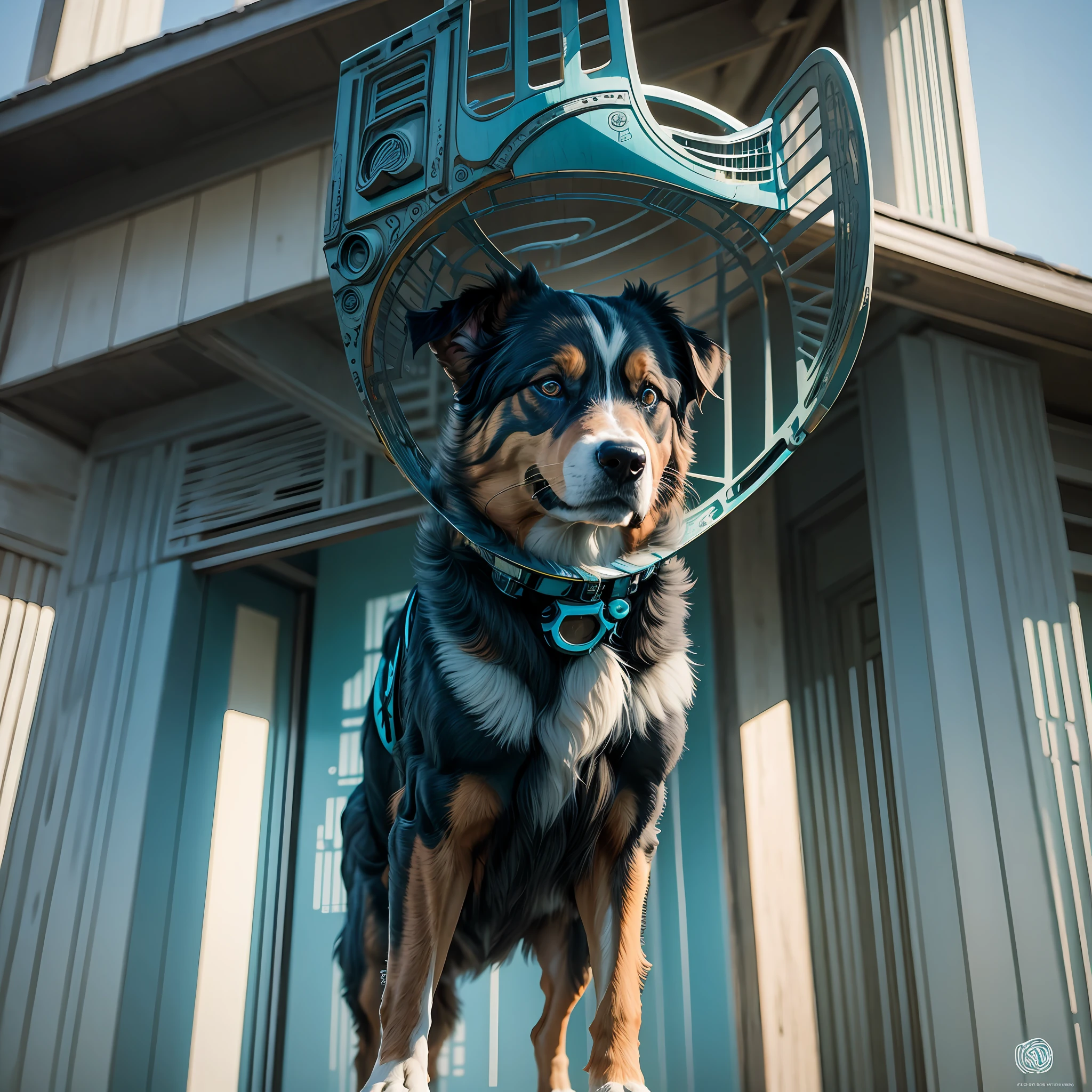Digital art, dense reeds, (Turquoise theme:0.7) , Biomechanical Atmospheric a dog of Infinity, looking up, Screen print, Sad, Mingei, Low shutter,