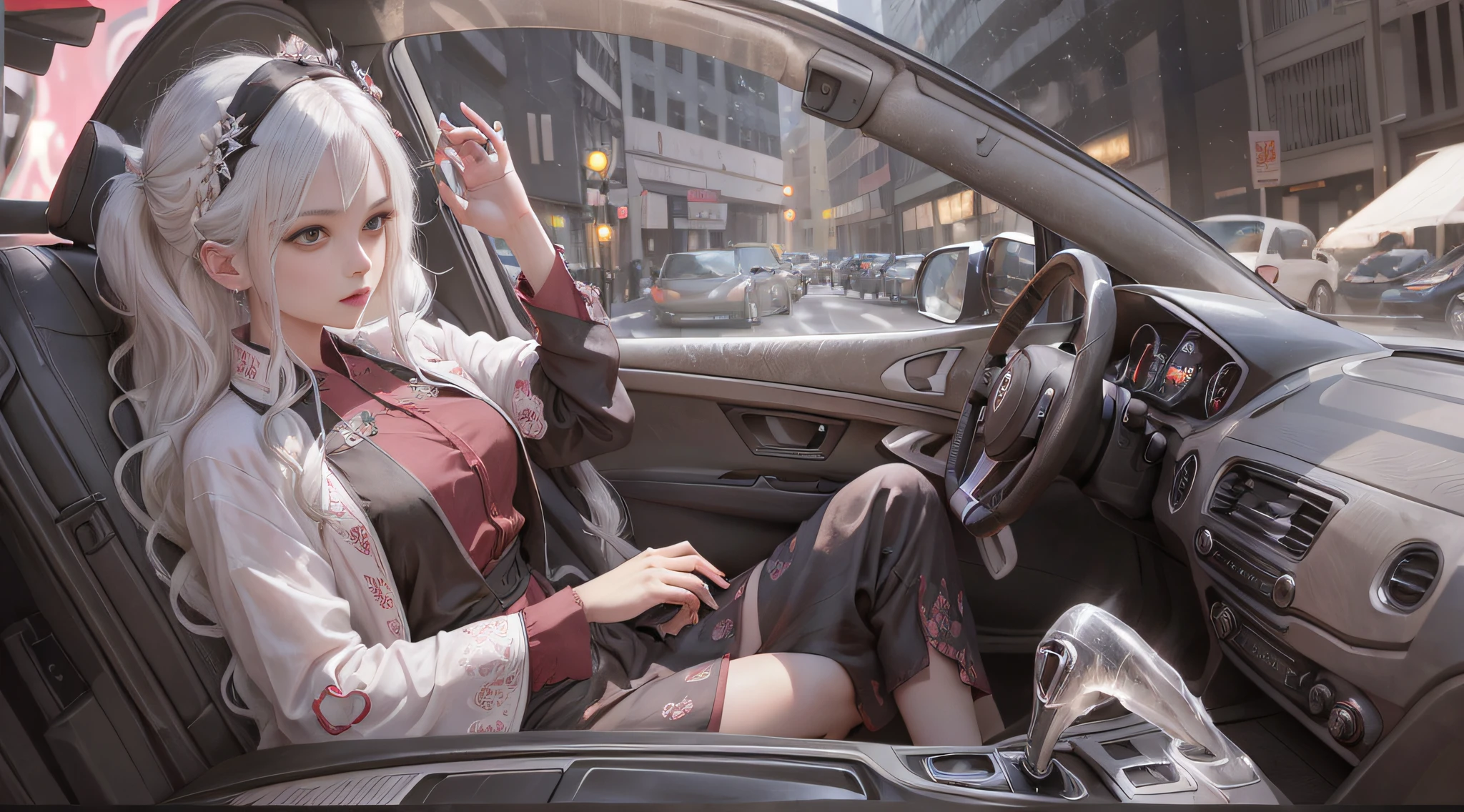 There is a beautiful white-haired girl getting out of the car, long hair fluttering, black car, attending a dinner party, flash, looking down, woman sitting in the car with her legs sticking out, Shaxi, sitting in her car, black and red silk clothes, black and pink Jenny, elegant movie pose, red and movie lighting, --auto --s2