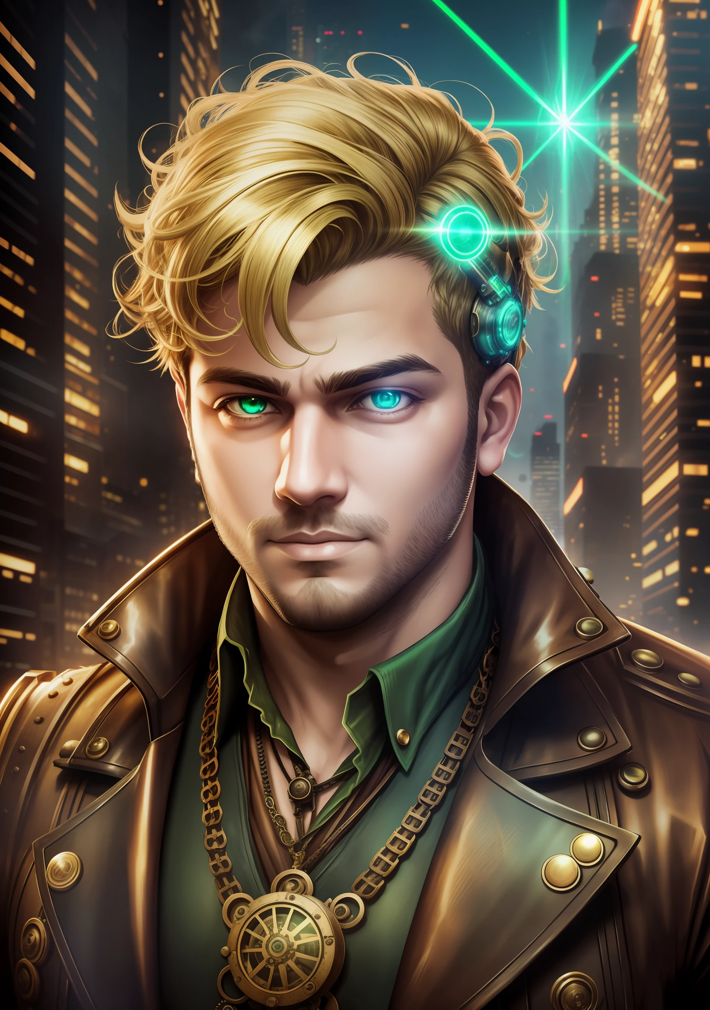 Steampunk portrait, realistic lighting effect, portrait of Gian Male (Chubby) with blonde hair and green eyes and with steampunk clothing, holding laser cannon, cyberpunk city in the background, professional image) --auto --s2