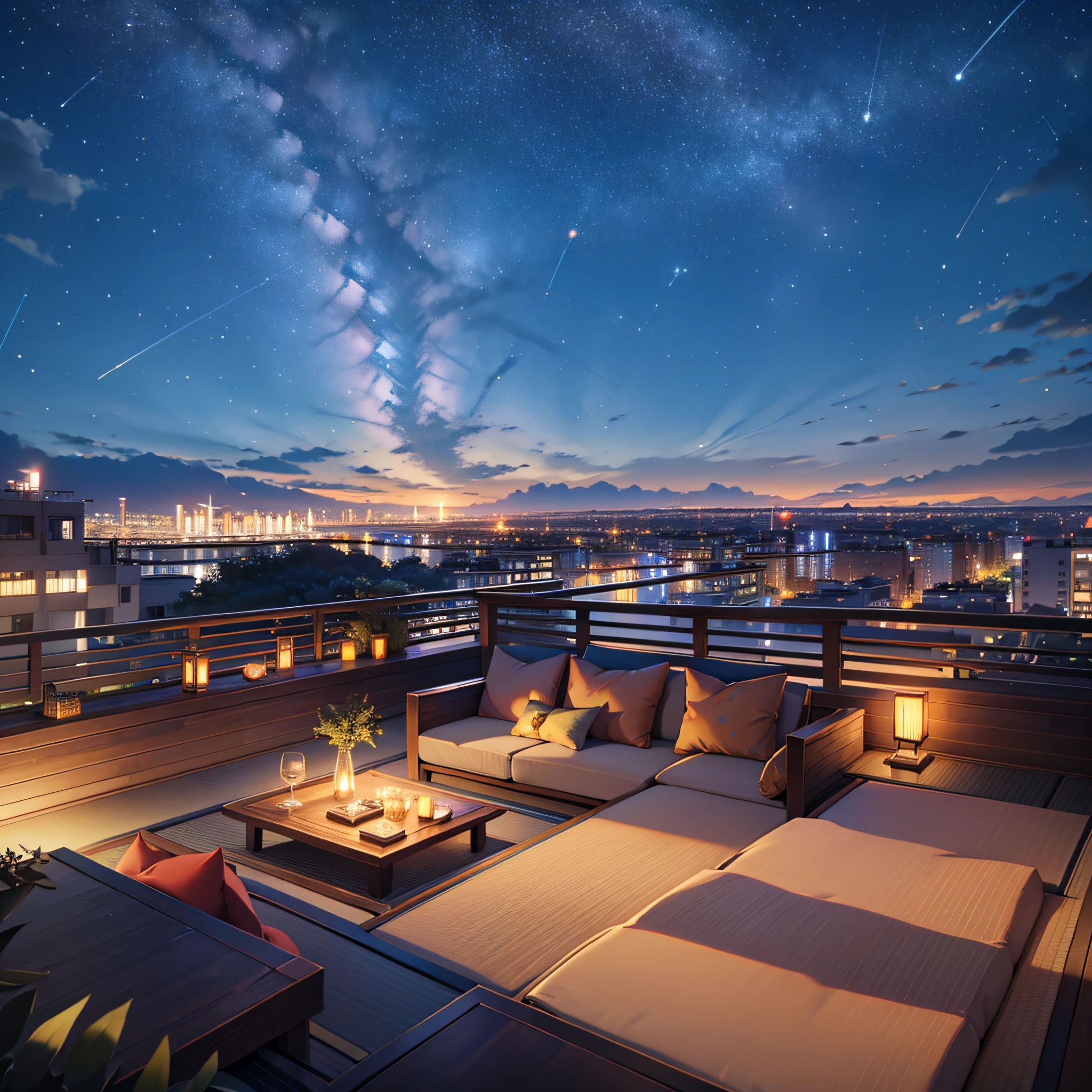 There is a tatami sofa on the city rooftop, surrounded by greenery and a starry sky, and colorful lights are arranged on the entire rooftop. People sit on the sofa in their pajamas, enjoy the wonderful night view, sip drinks, and relax and enjoy. --auto --s2