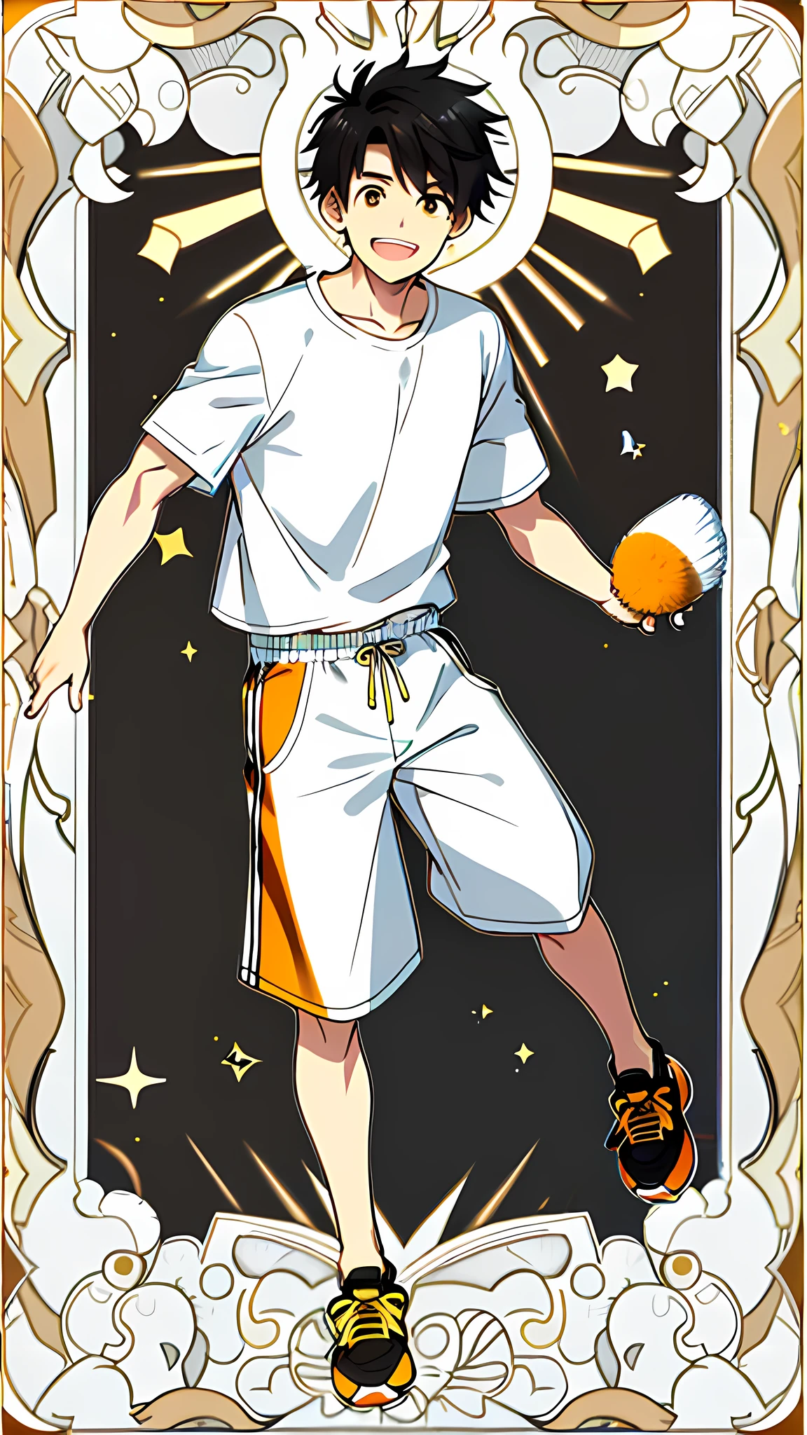 masterpiece, best quality, full body, card, 1 guy, the sun, happy, laugh, short hair, black hair, brush cut, white shirt, standing, white, light, yellow, orange, black, buzz cut, bara, street style, white t-shirt, short pant, sport, center, young guy, looking at viewer, holding nothing