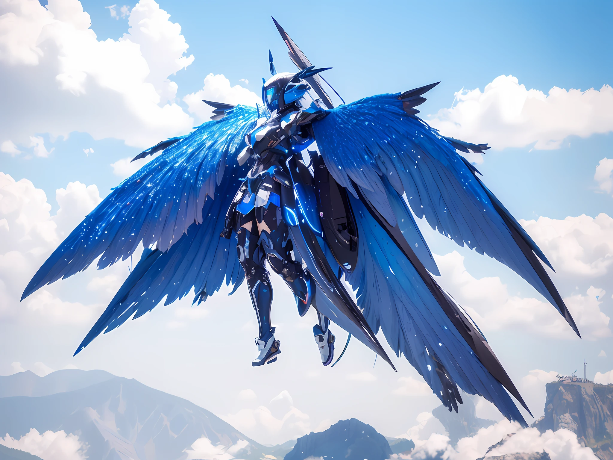 ((Masterpiece)) anime character with wings and blue body standing in front of a mountain, mecha wings, mechanized Valkyrie girl, from Arknights, full body Xianxia, Azur Lane style, from the video game Azur Lane, cyberpunk anime girl mech, katana zero video game character, girl in mecha cyber armor, anime character; Full Body Art