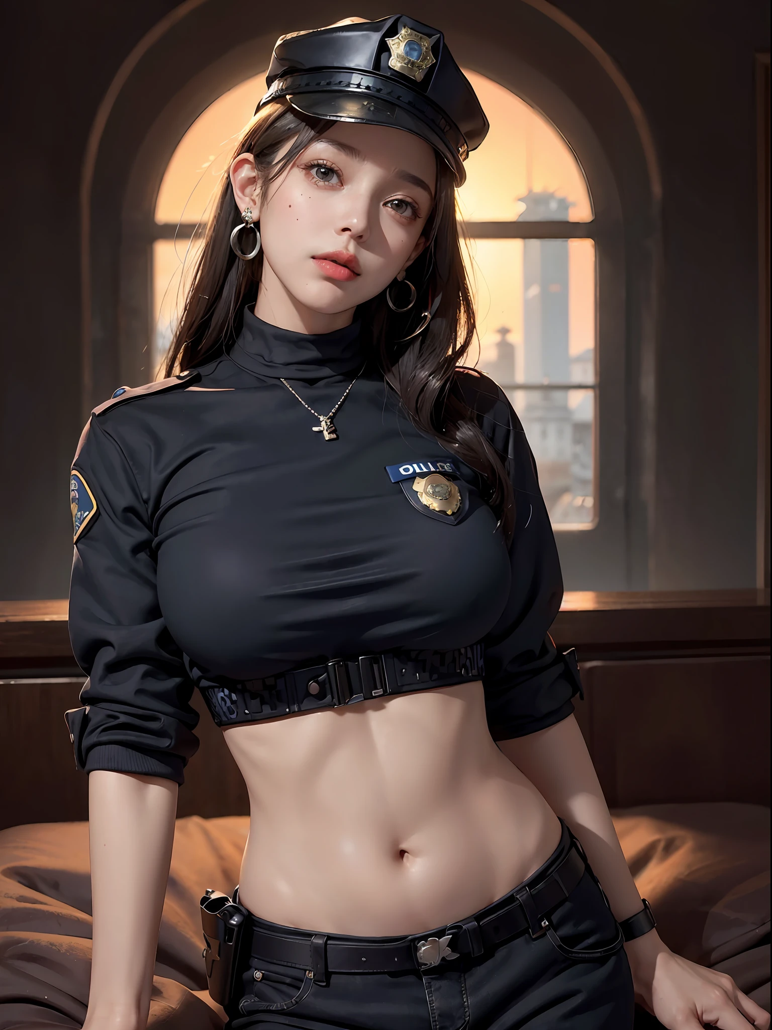 simple background,(Wearing a female police uniform and a police cap:1.4), good hand,4k, high-res, masterpiece, best quality, head:1.3,((Hasselblad photography)), finely detailed skin, sharp focus, (cinematic lighting), soft lighting, dynamic angle, [:(detailed face:1.2):0.2],midriff peek, medium breasts, breasts,(((inside mansion))),(boobs naked:1.4), 1girl, jewelry,earrings, orange_sky, solo, mole, long_hair, mole_under_eye, upper_body, grey_eyes, looking_at_viewer,,black hair,Fashion,(head tilt:1.4),simple background, red background,